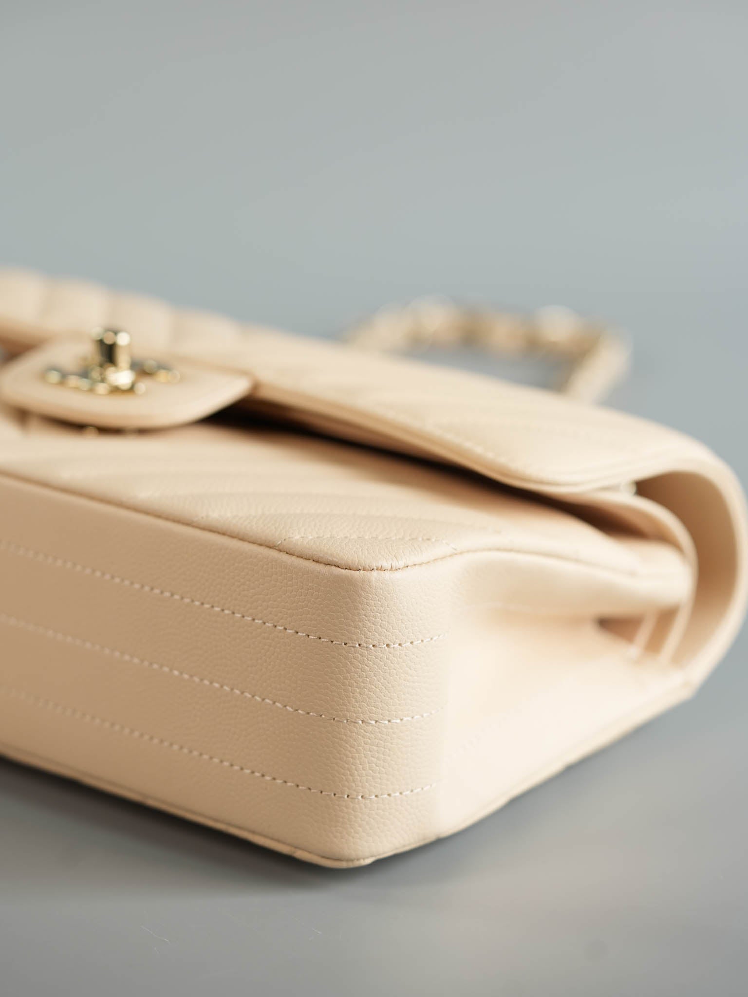 Small Classic Double Flap Chevron Beige Clair in Light Gold Hardware Series 31 | Purse Maison Luxury Bags Shop