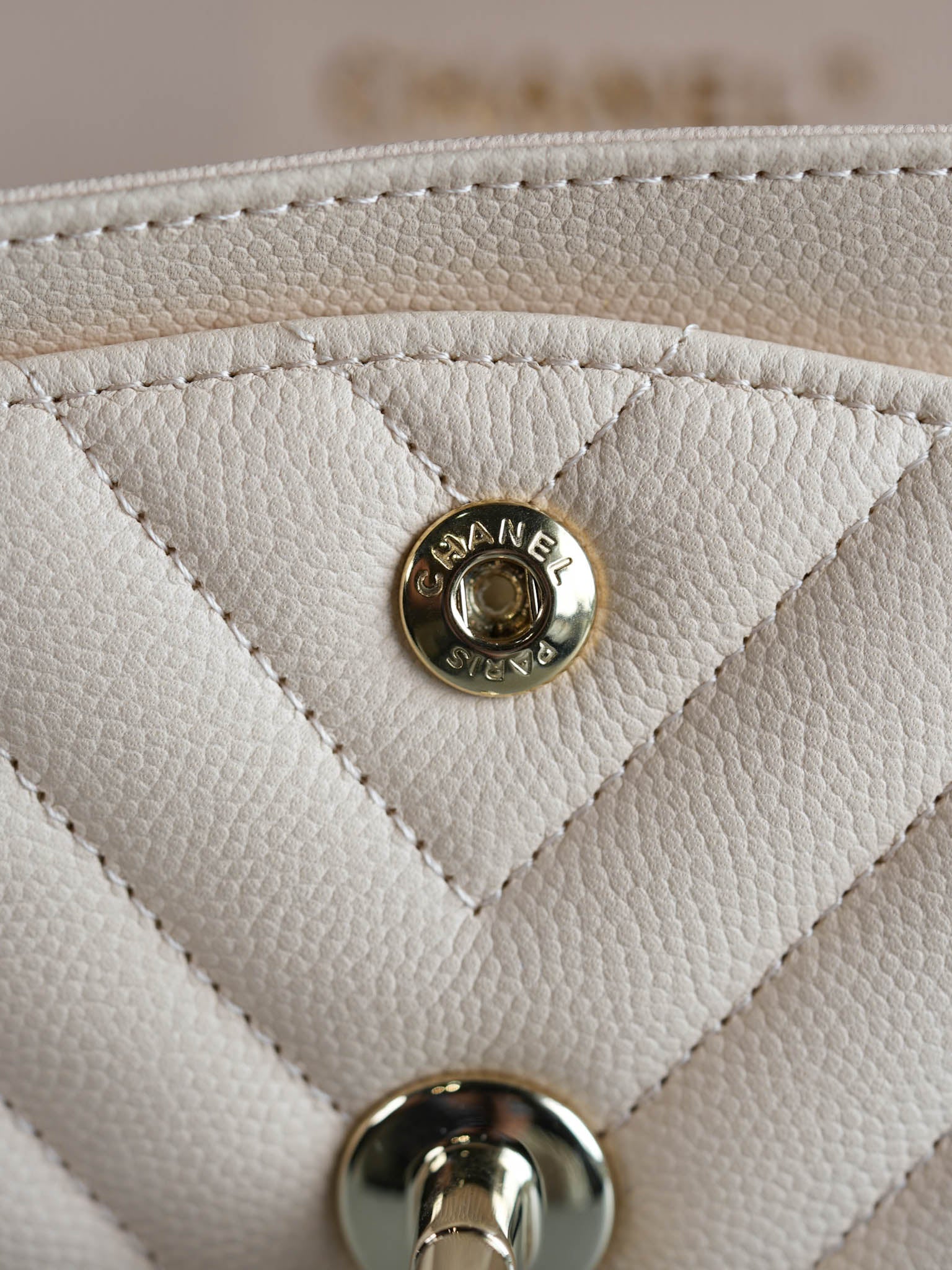 Small Classic Double Flap Chevron Beige Clair in Light Gold Hardware Series 31 | Purse Maison Luxury Bags Shop