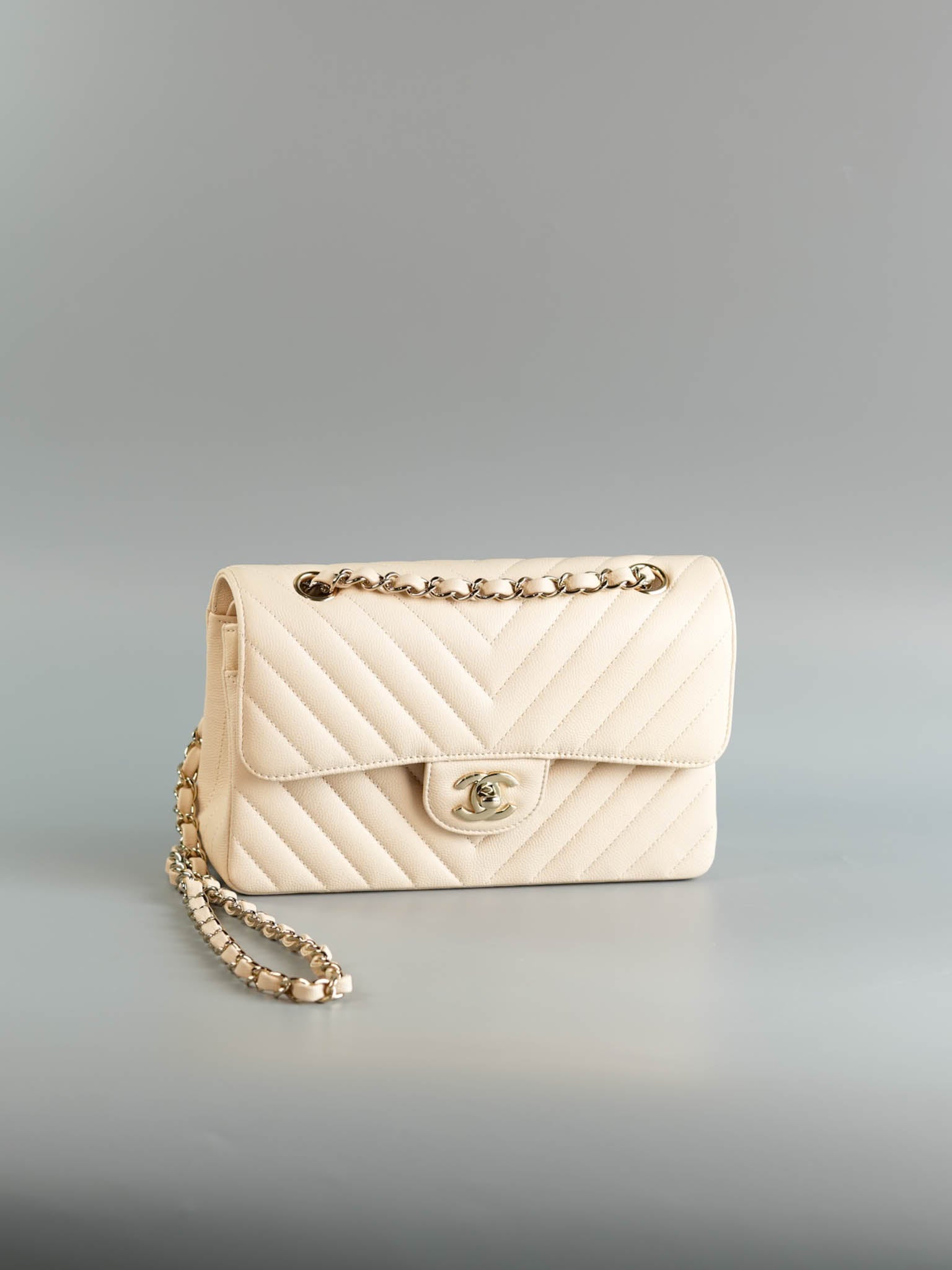 Small Classic Double Flap Chevron Beige Clair in Light Gold Hardware Series 31 | Purse Maison Luxury Bags Shop