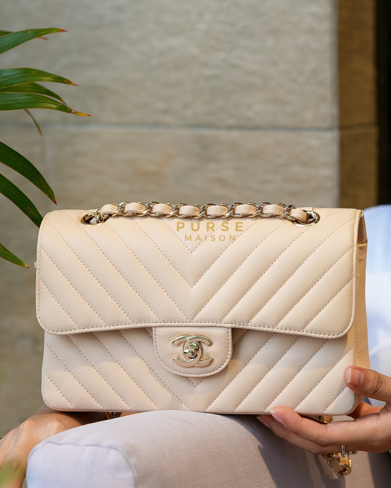 Small Classic Double Flap Chevron Beige Clair in Light Gold Hardware Series 31 | Purse Maison Luxury Bags Shop