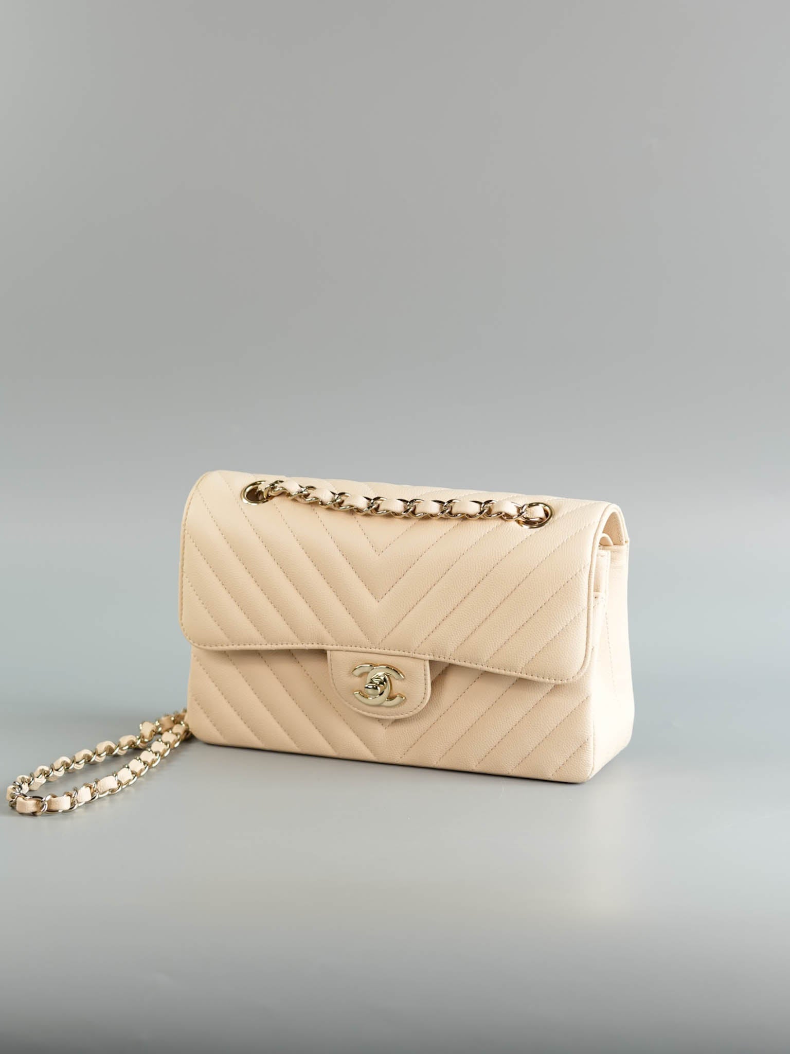 Small Classic Double Flap Chevron Beige Clair in Light Gold Hardware Series 31 | Purse Maison Luxury Bags Shop