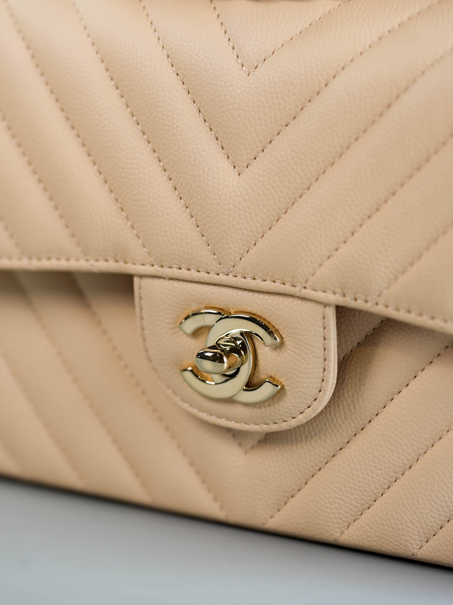 Small Classic Double Flap Chevron Beige Clair in Light Gold Hardware Series 31 | Purse Maison Luxury Bags Shop