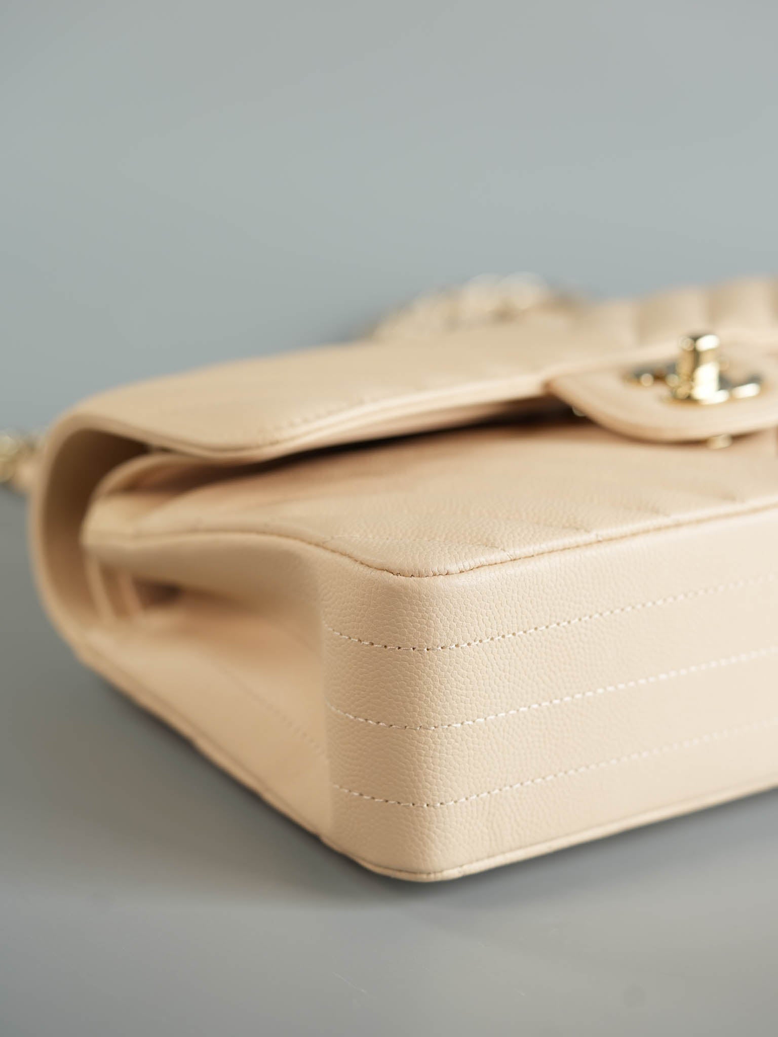 Small Classic Double Flap Chevron Beige Clair in Light Gold Hardware Series 31 | Purse Maison Luxury Bags Shop