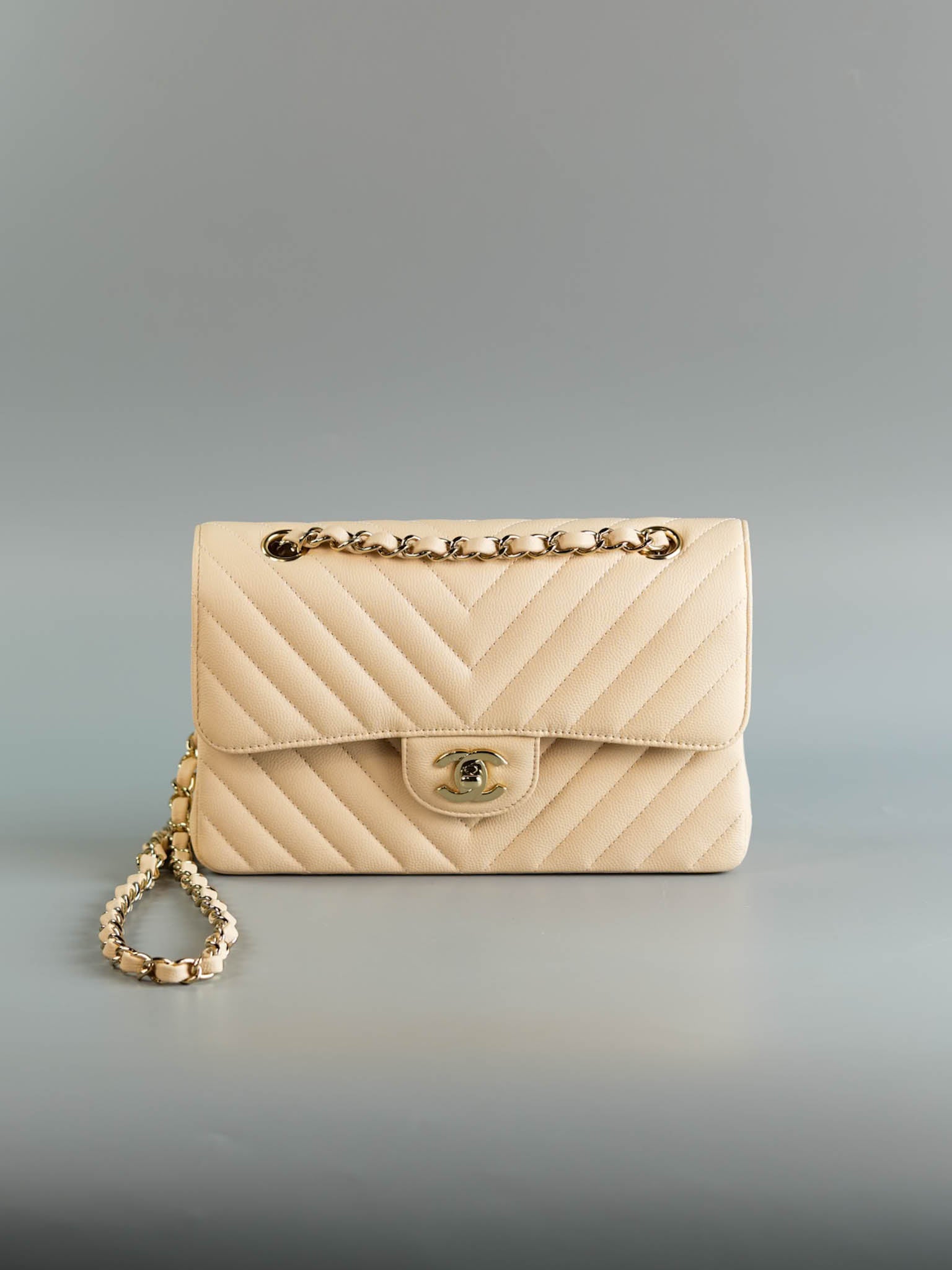 Small Classic Double Flap Chevron Beige Clair in Light Gold Hardware Series 31 | Purse Maison Luxury Bags Shop