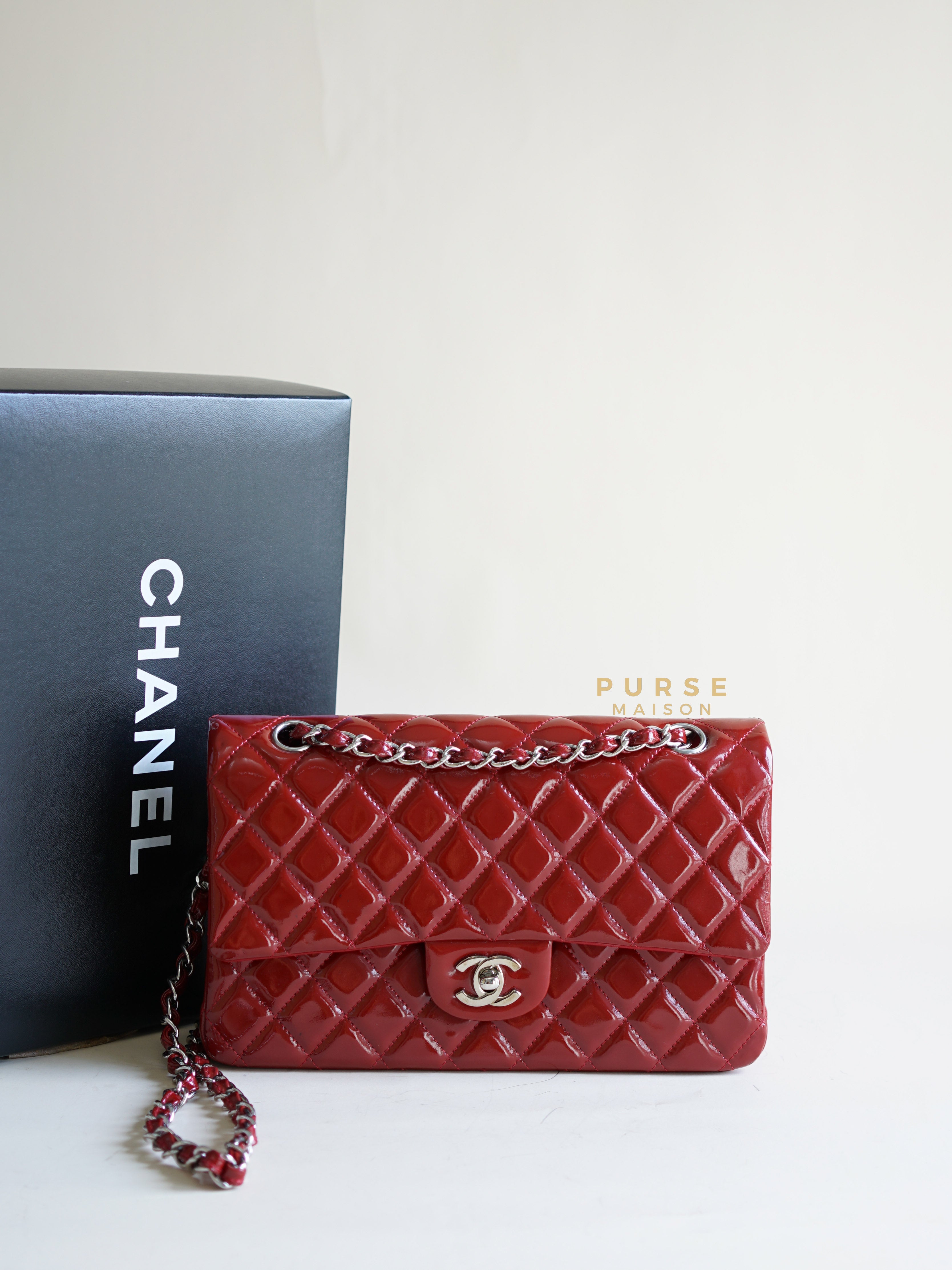 Small Classic Double Flap in Red Patent Leather & Silver Hardware Series 14 | Purse Maison Luxury Bags Shop