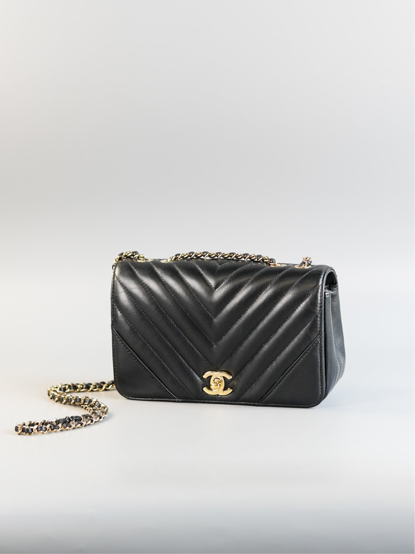 Small Statement Flap Chevron Black Calfskin Leather & Gold Hardware Series 26 | Purse Maison Luxury Bags Shop