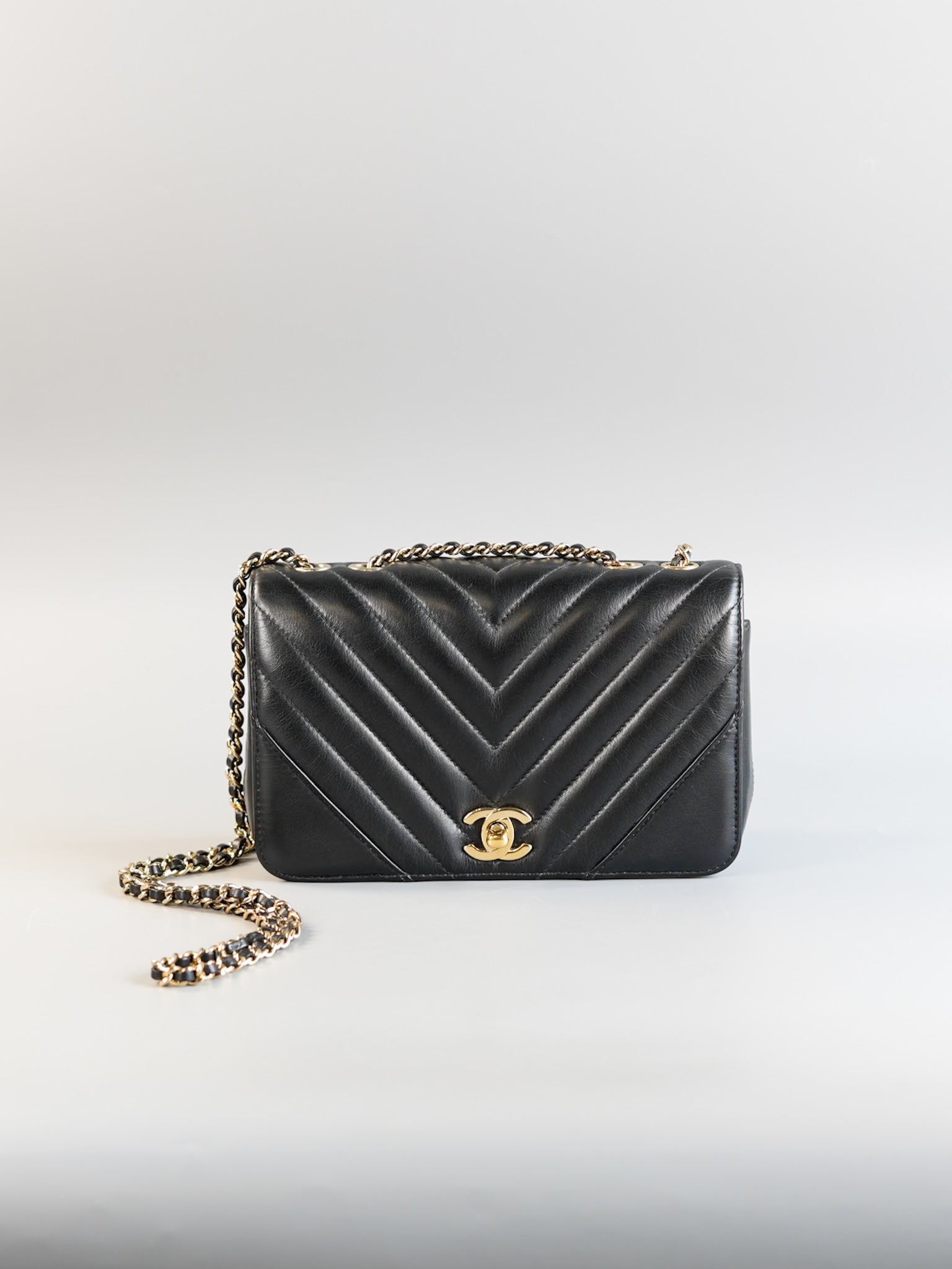 Small Statement Flap Chevron Black Calfskin Leather & Gold Hardware Series 26 | Purse Maison Luxury Bags Shop