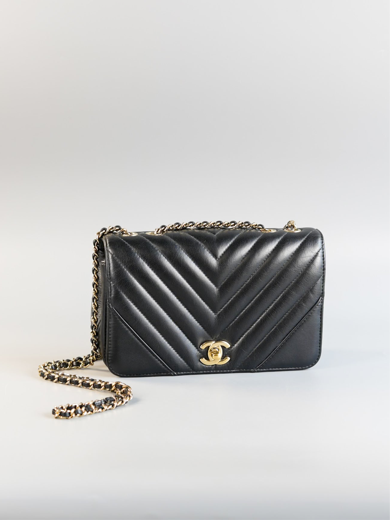 Small Statement Flap Chevron Black Calfskin Leather & Gold Hardware Series 26 | Purse Maison Luxury Bags Shop