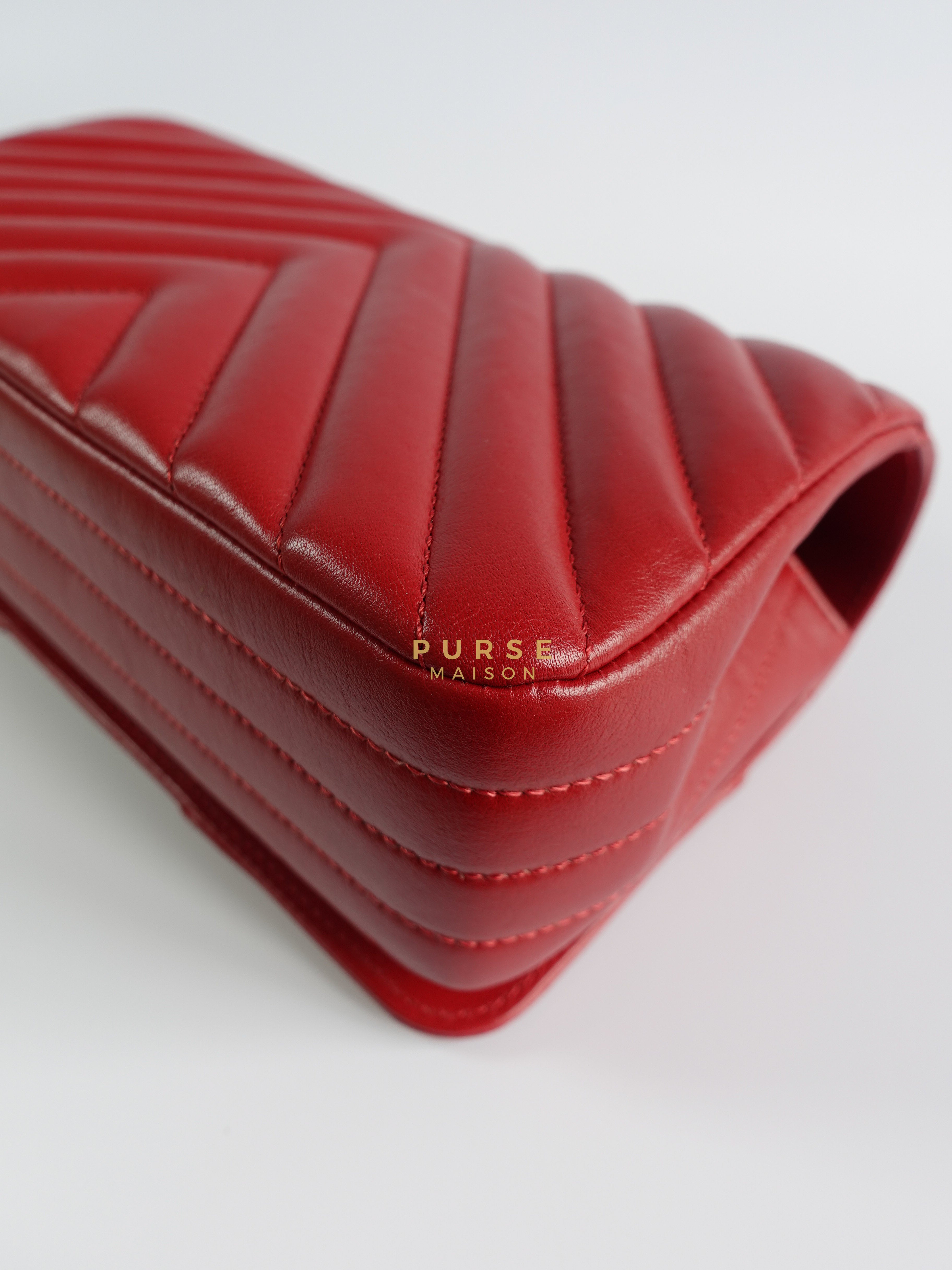 Small Statement Flap Chevron Red Calfskin Gold Hardware Series 28 | Purse Maison Luxury Bags Shop
