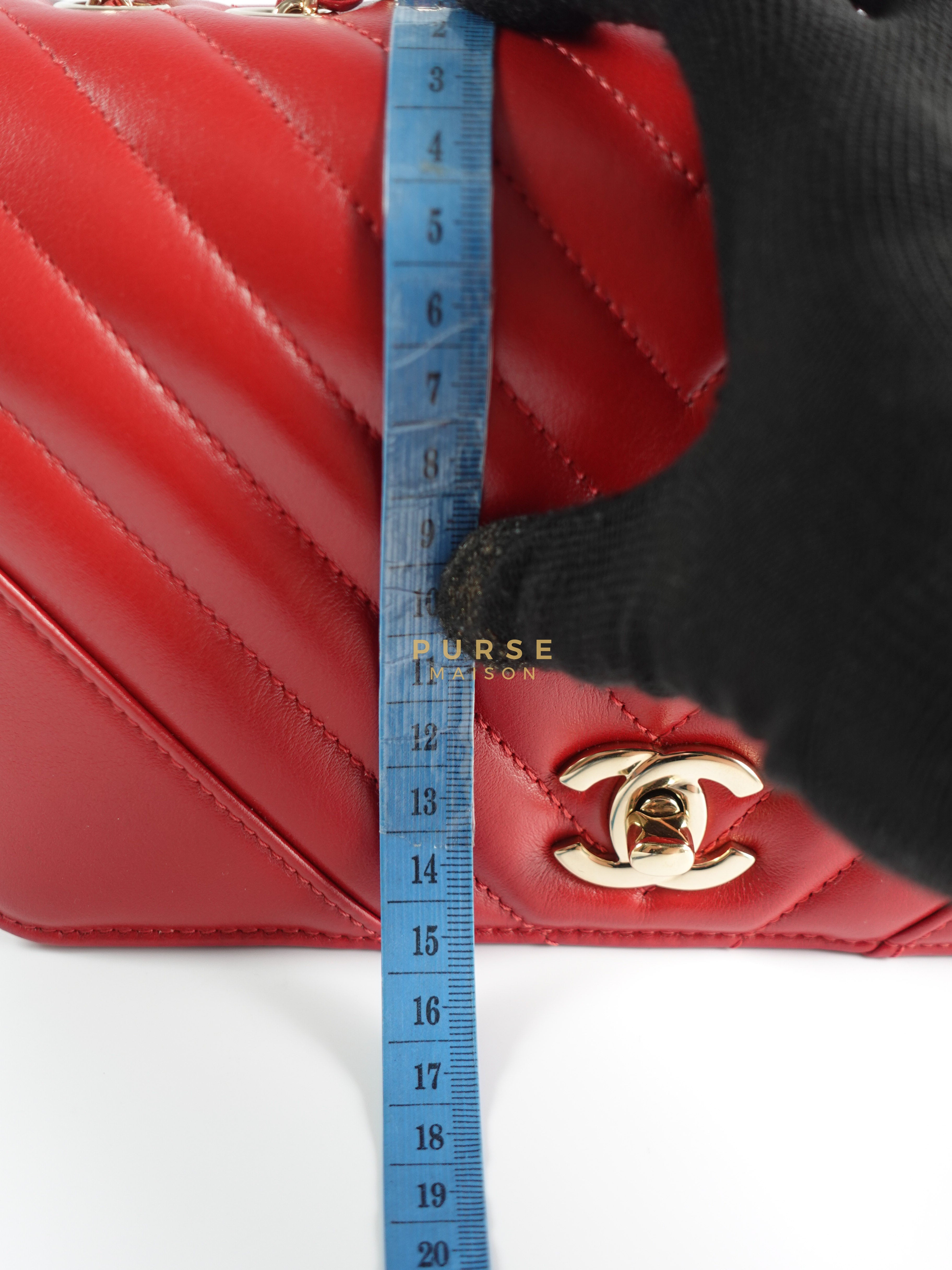 Small Statement Flap Chevron Red Calfskin Gold Hardware Series 28 | Purse Maison Luxury Bags Shop
