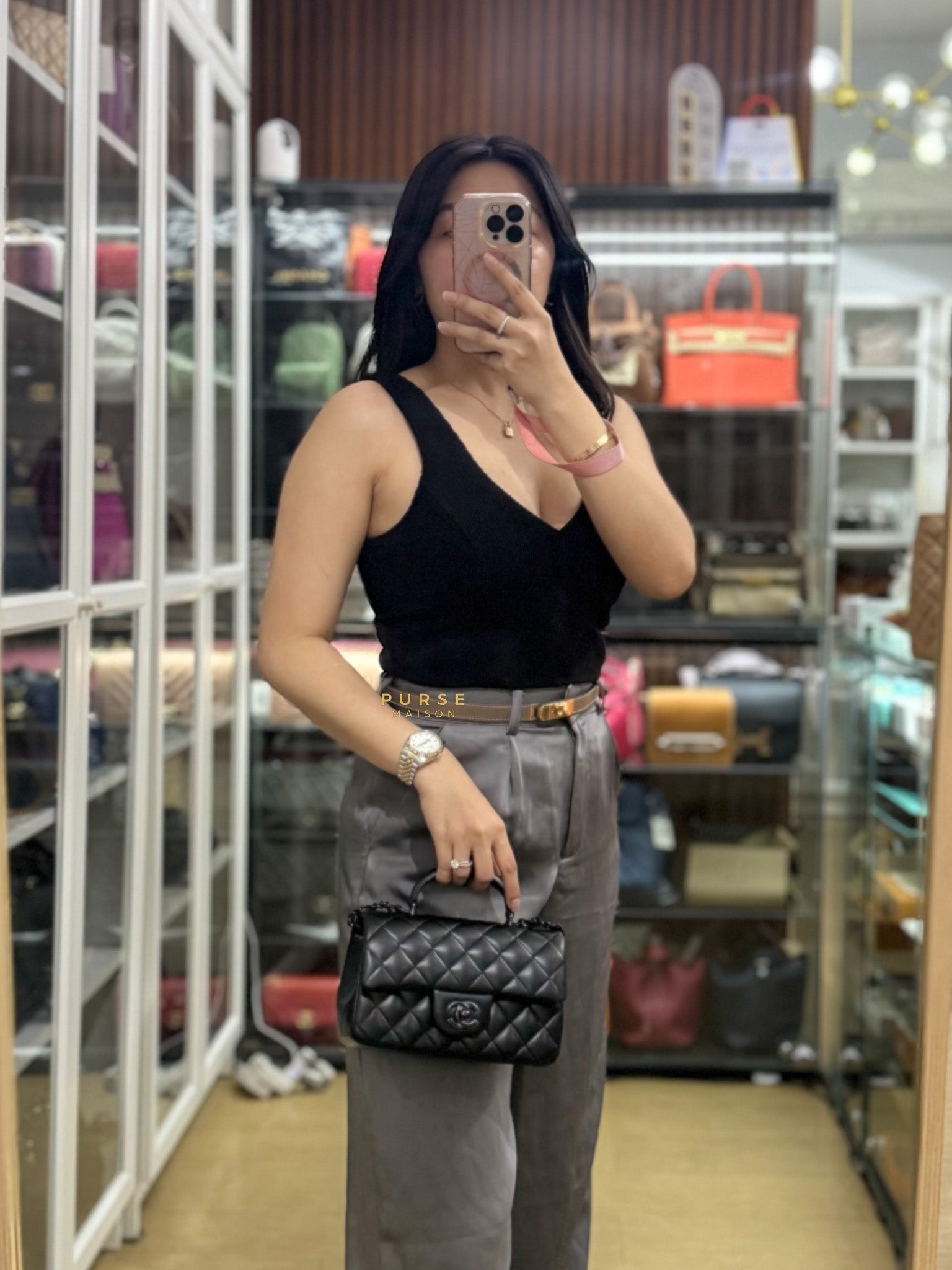 So Black Mini Rectangle with Top Handle in Lambskin Leather (microchip) | Purse Maison Luxury Bags Shop