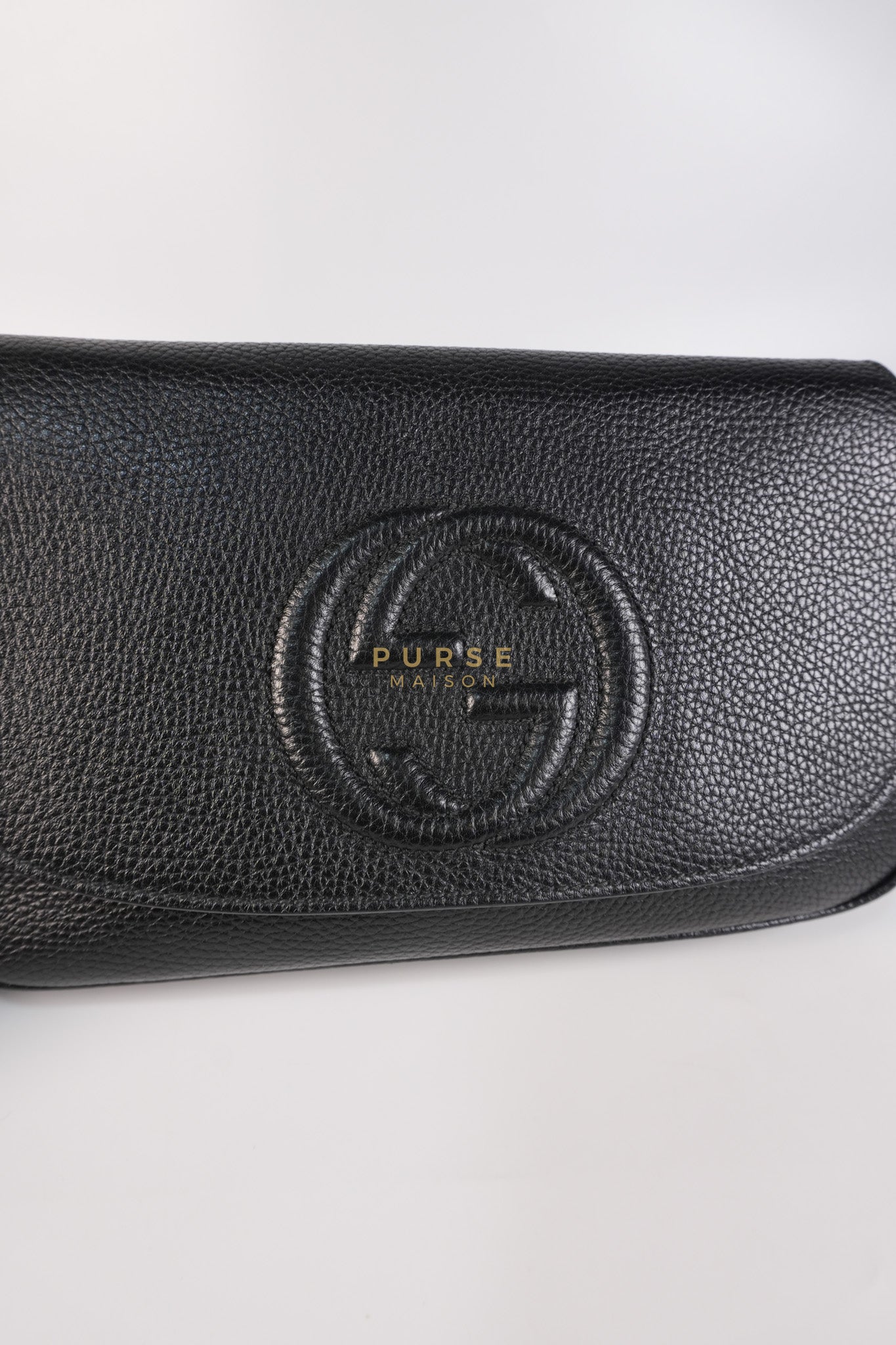 Soho Chain Flap Bag in Black Leather & Light Gold Hardware | Purse Maison Luxury Bags Shop