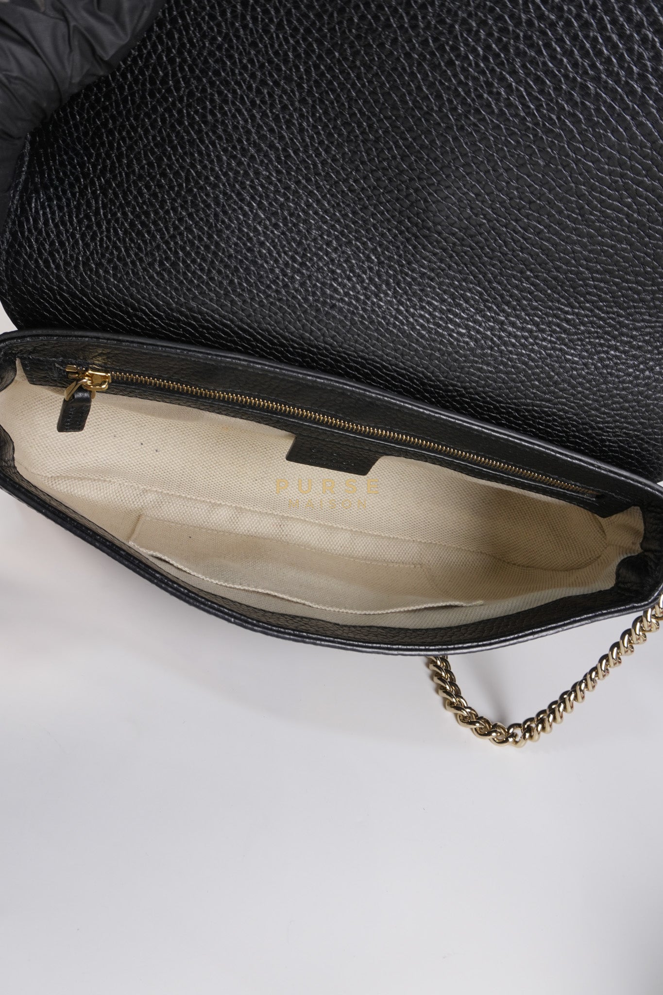 Soho Chain Flap Bag in Black Leather & Light Gold Hardware | Purse Maison Luxury Bags Shop