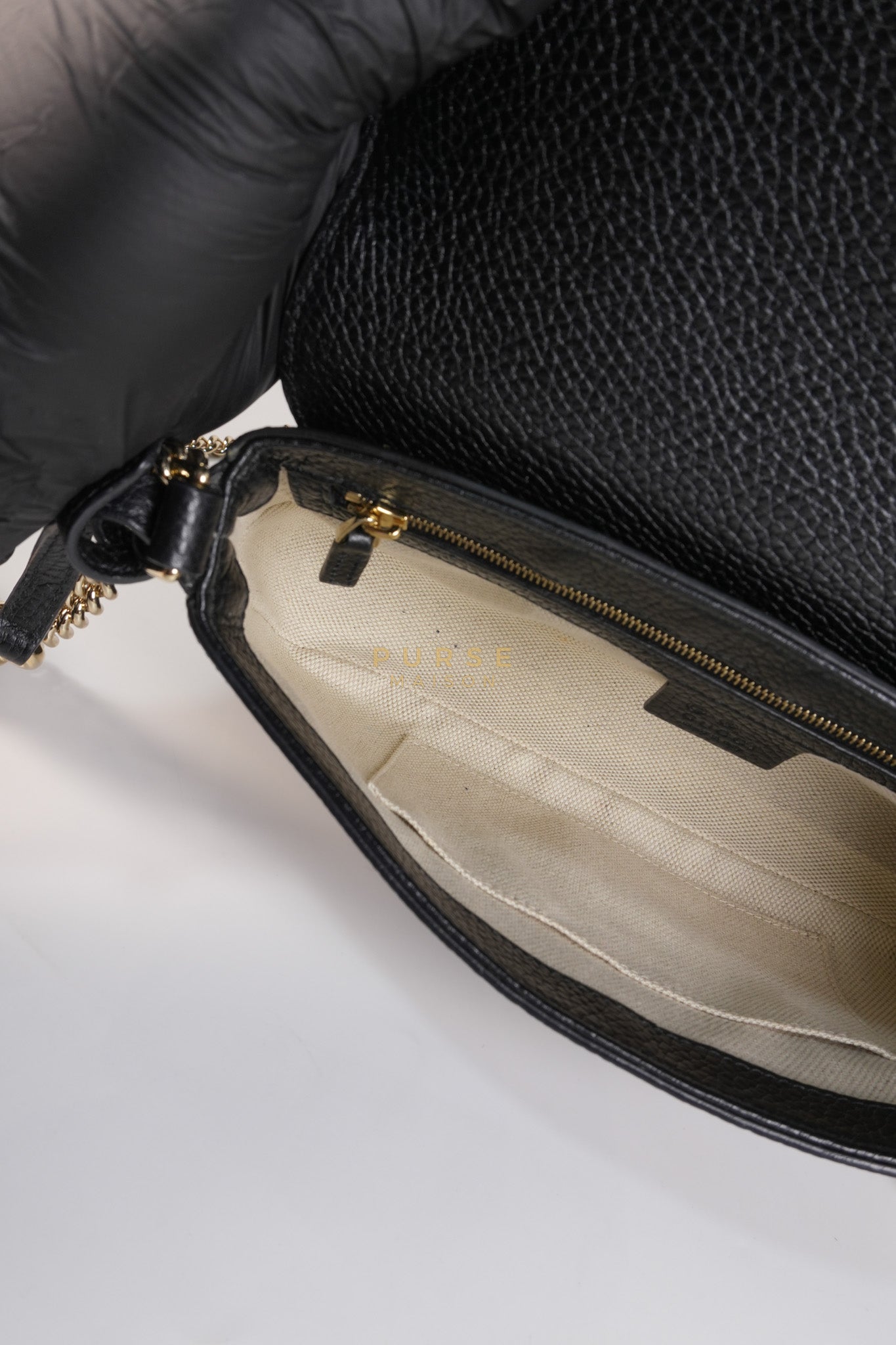 Soho Chain Flap Bag in Black Leather & Light Gold Hardware | Purse Maison Luxury Bags Shop