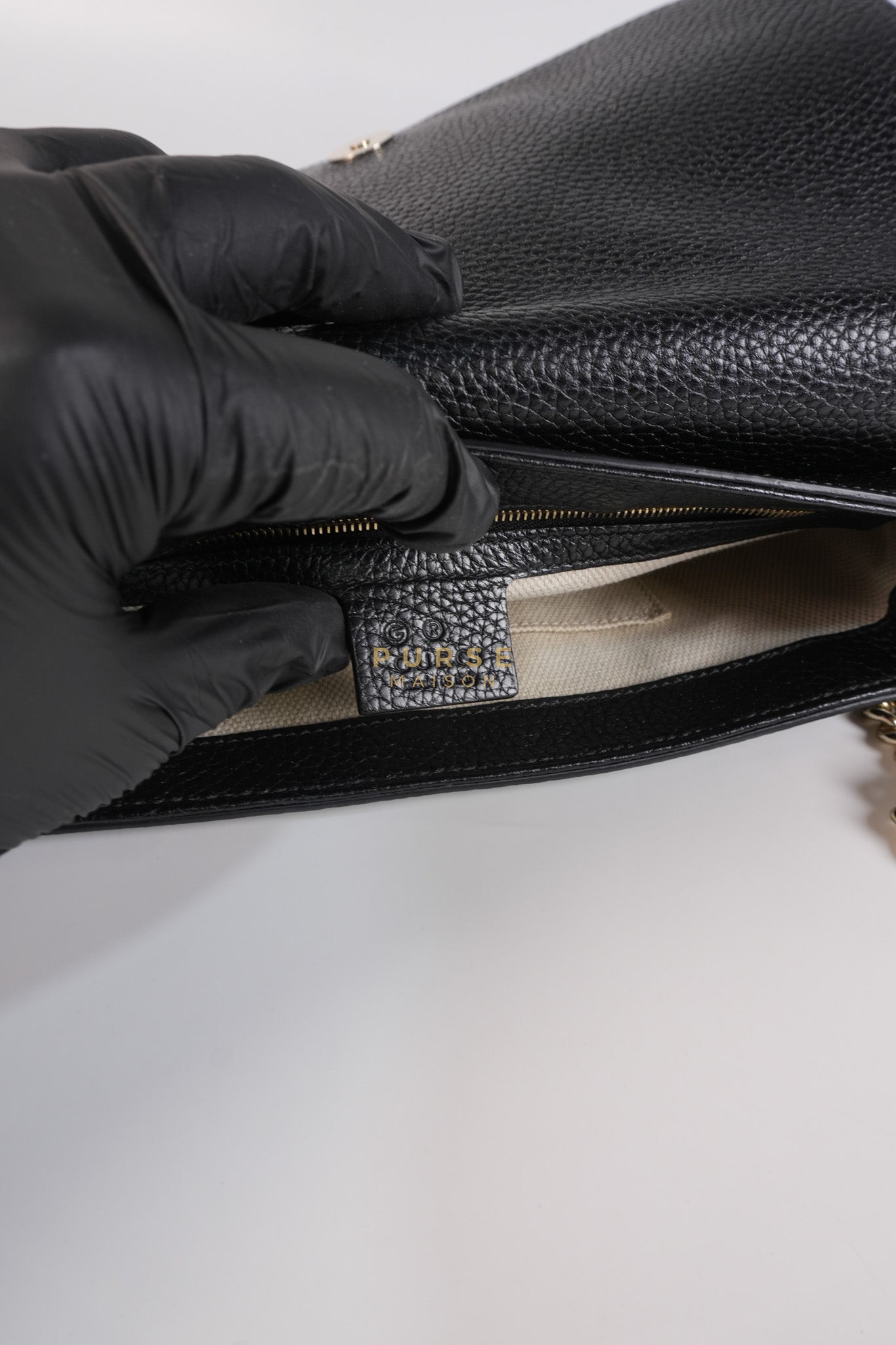 Soho Chain Flap Bag in Black Leather & Light Gold Hardware | Purse Maison Luxury Bags Shop