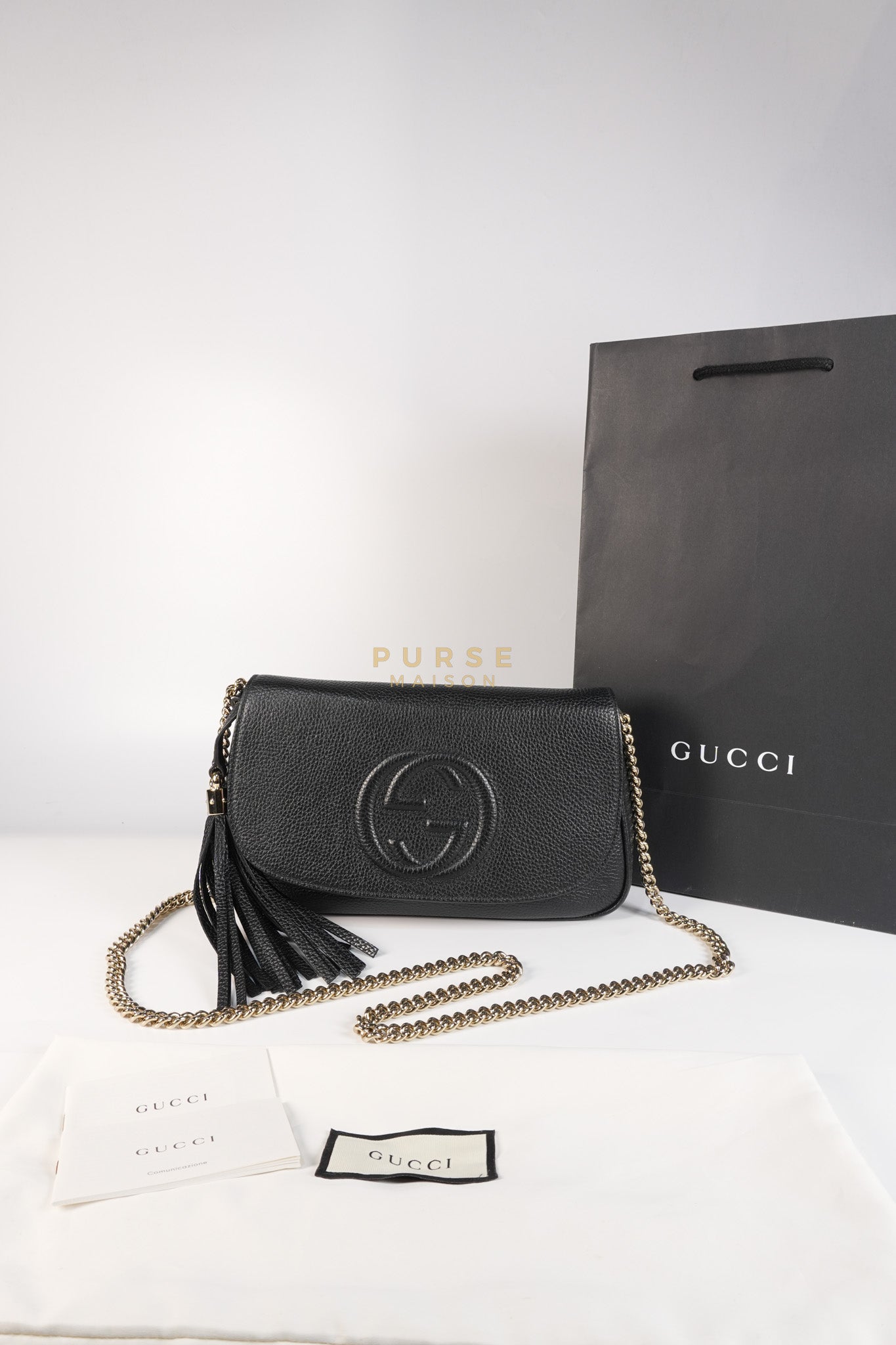 Soho Chain Flap Bag in Black Leather & Light Gold Hardware | Purse Maison Luxury Bags Shop