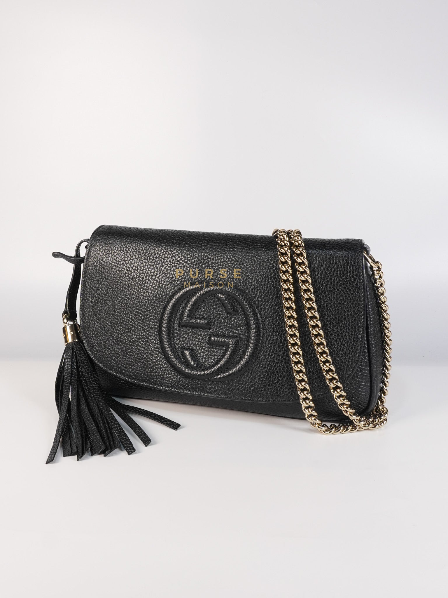 Soho Chain Flap Bag in Black Leather & Light Gold Hardware | Purse Maison Luxury Bags Shop