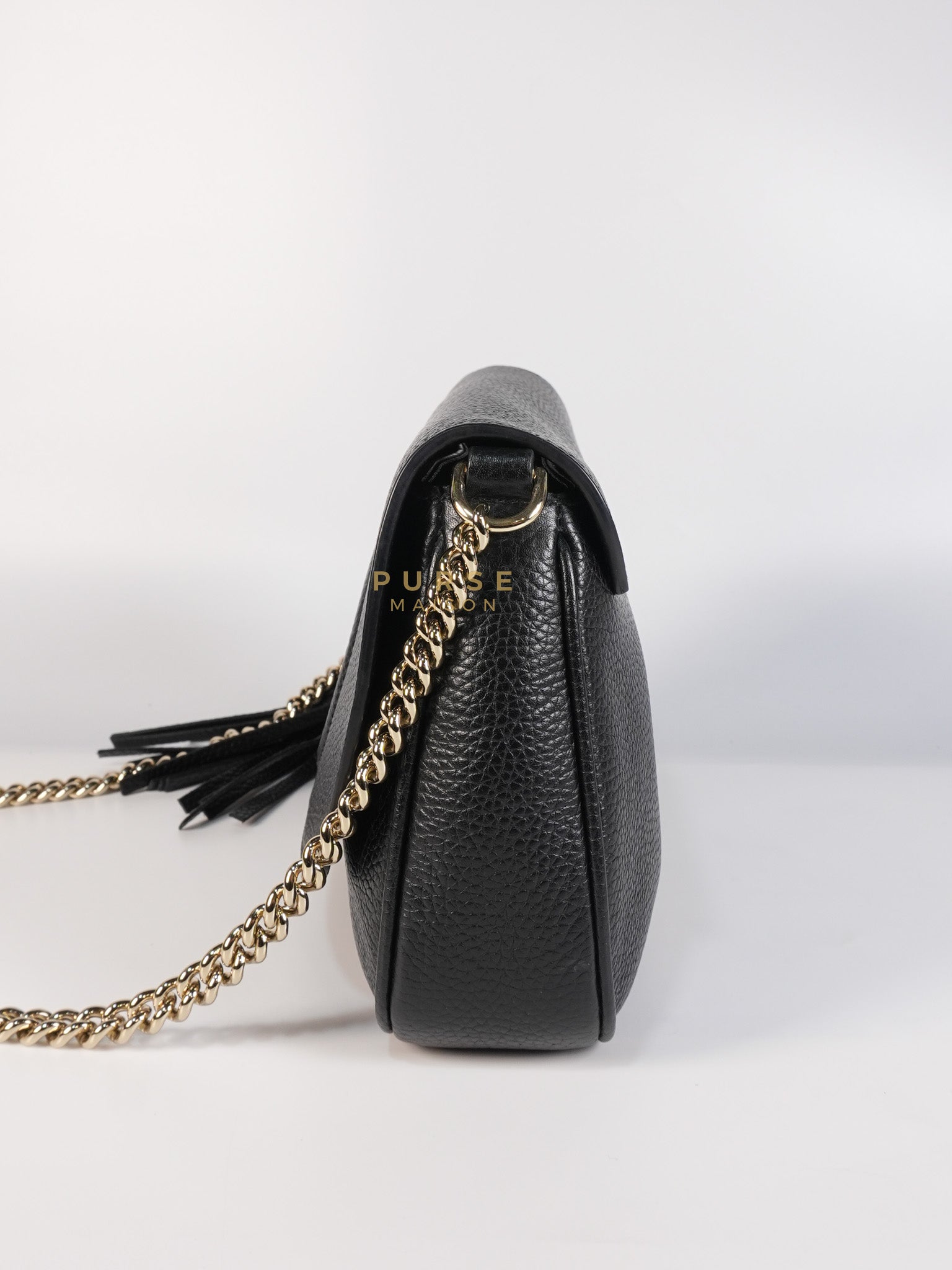 Soho Chain Flap Bag in Black Leather & Light Gold Hardware | Purse Maison Luxury Bags Shop