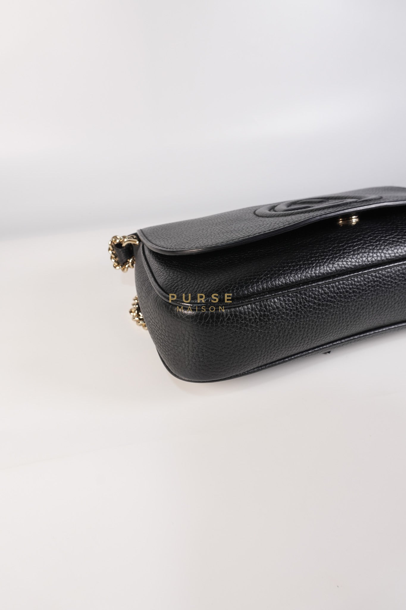 Soho Chain Flap Bag in Black Leather & Light Gold Hardware | Purse Maison Luxury Bags Shop