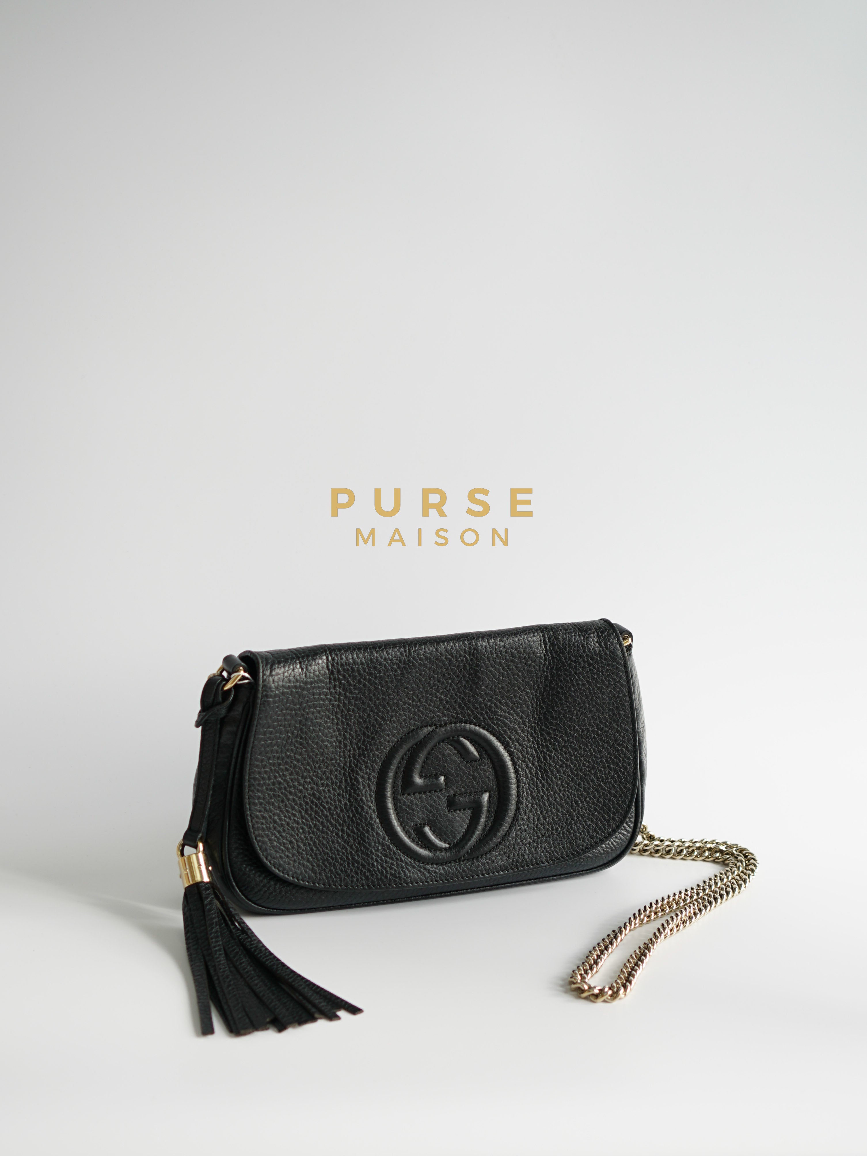 Soho Chain Flap Bag in Black Leather & Light Gold Hardware | Purse Maison Luxury Bags Shop