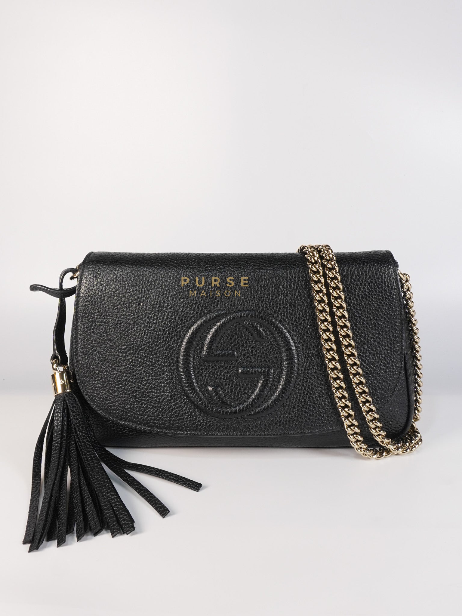 Soho Chain Flap Bag in Black Leather & Light Gold Hardware | Purse Maison Luxury Bags Shop