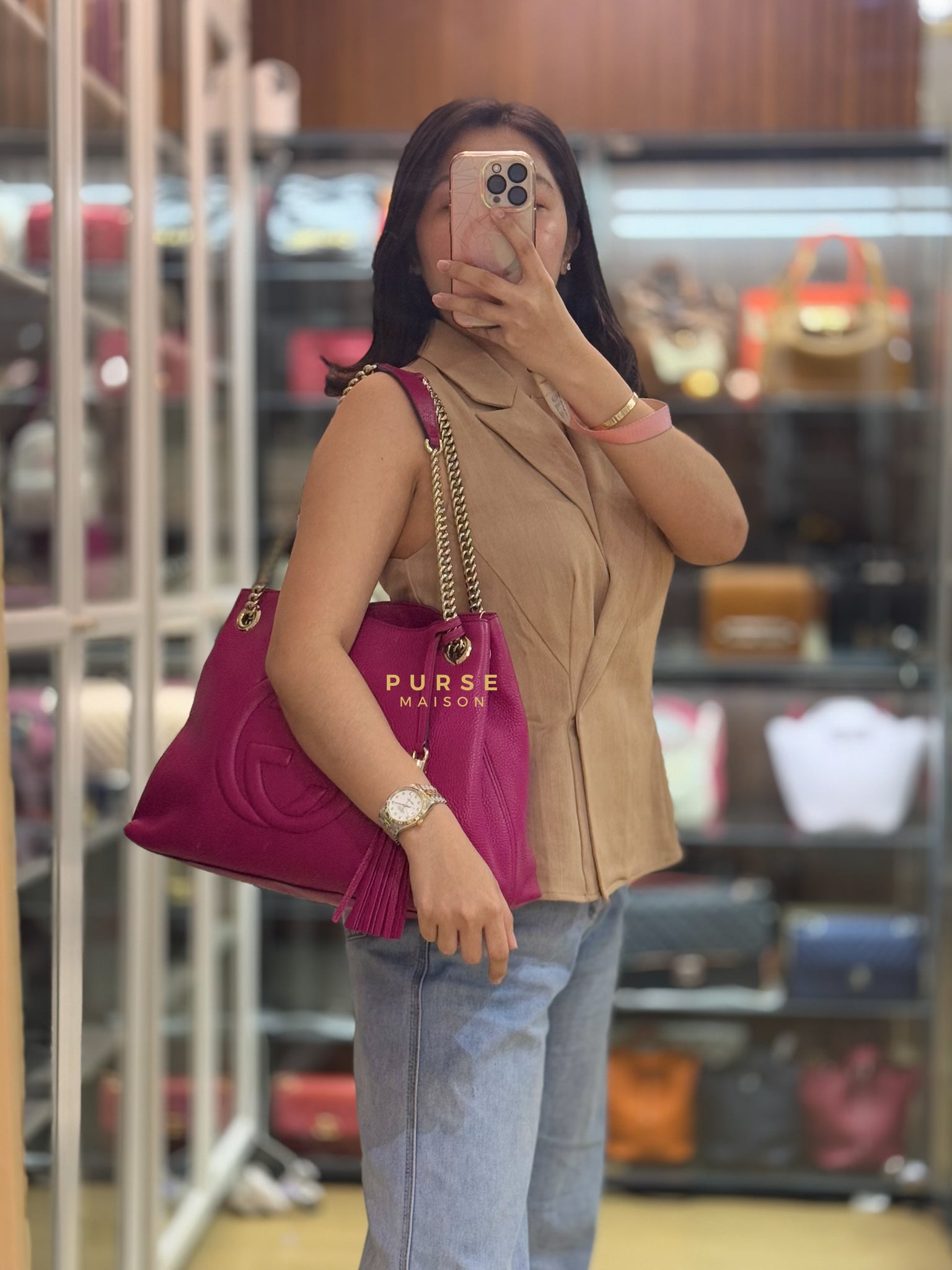 Soho Chain Fuchsia Pink Pebbles Leather Tote | Purse Maison Luxury Bags Shop