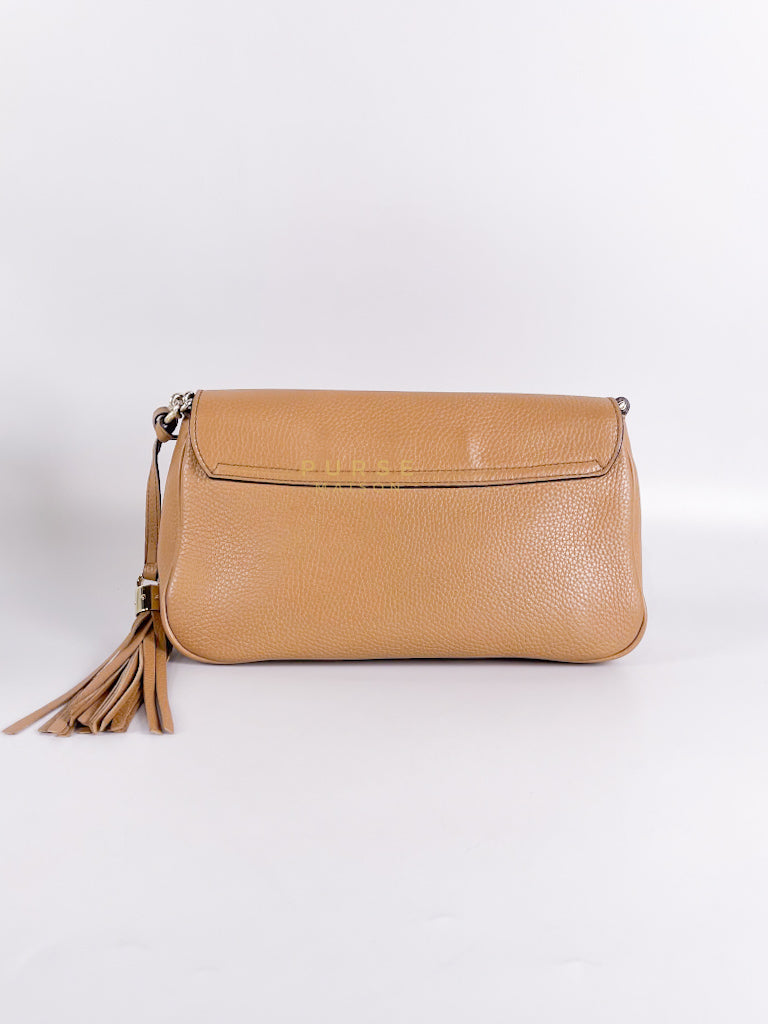 Soho Disco Long Flap Sling Tassel Bag in Beige Grained Calfskin Leather | Purse Maison Luxury Bags Shop