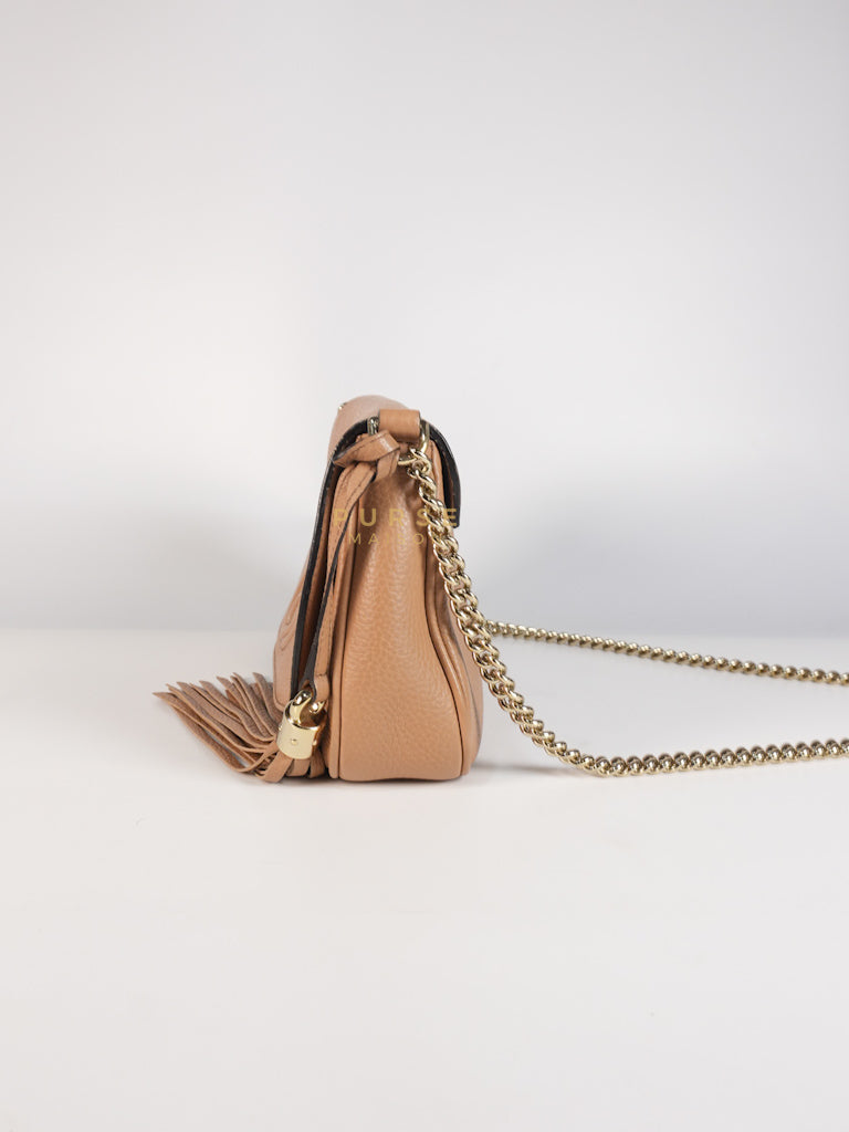 Soho Disco Long Flap Sling Tassel Bag in Beige Grained Calfskin Leather | Purse Maison Luxury Bags Shop
