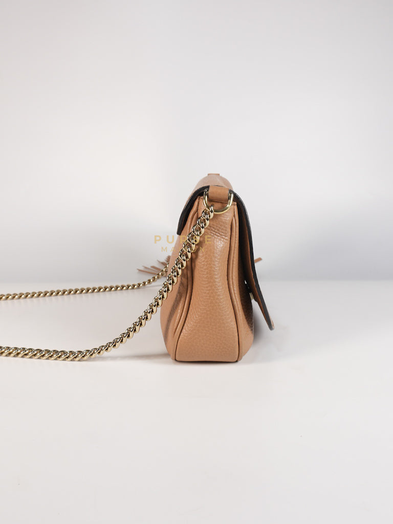 Soho Disco Long Flap Sling Tassel Bag in Beige Grained Calfskin Leather | Purse Maison Luxury Bags Shop