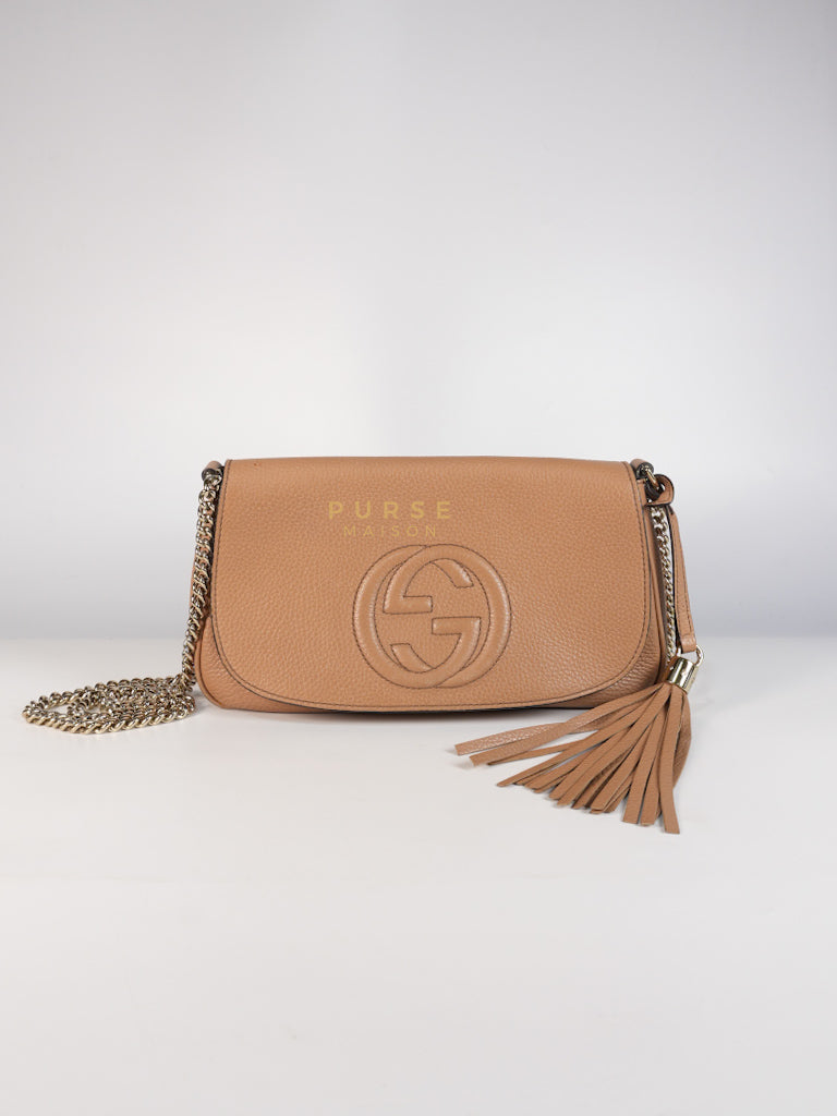 Soho Disco Long Flap Sling Tassel Bag in Beige Grained Calfskin Leather | Purse Maison Luxury Bags Shop