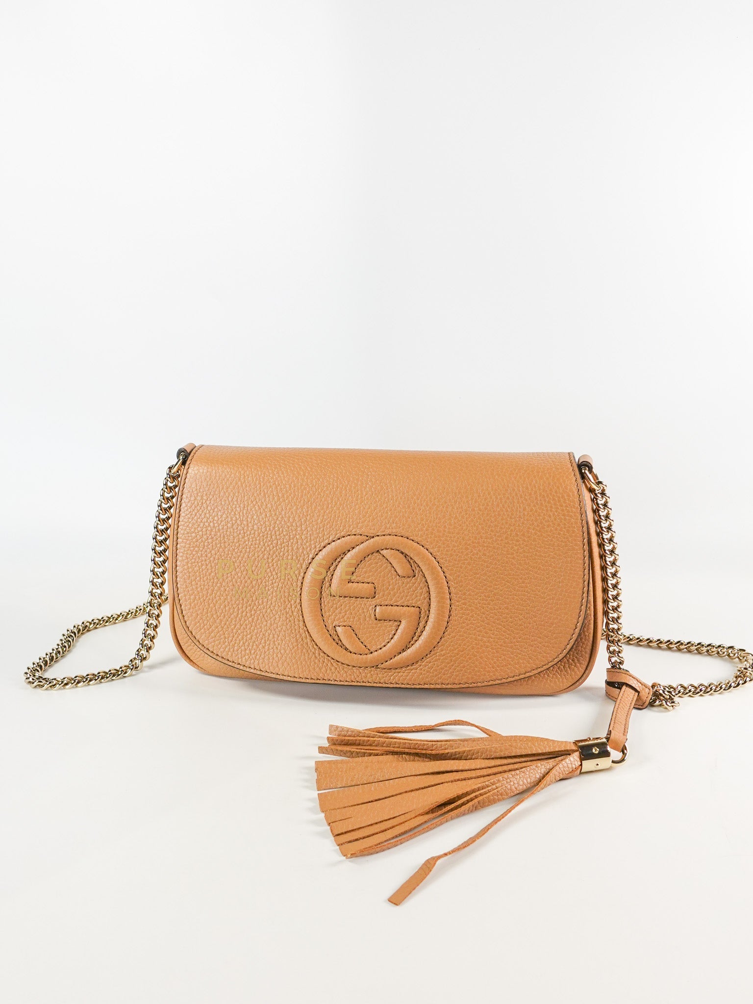 Soho Disco Long Flap Sling Tassel Bag in Beige Purse