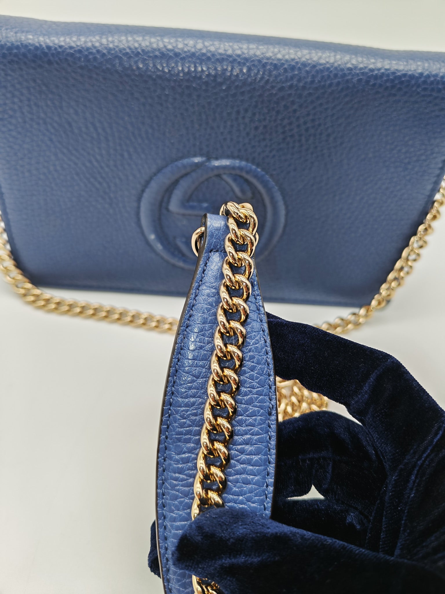Soho Wallet on Chain in Blue Grained Leather Light Gold Hardware | Purse Maison Luxury Bags Shop