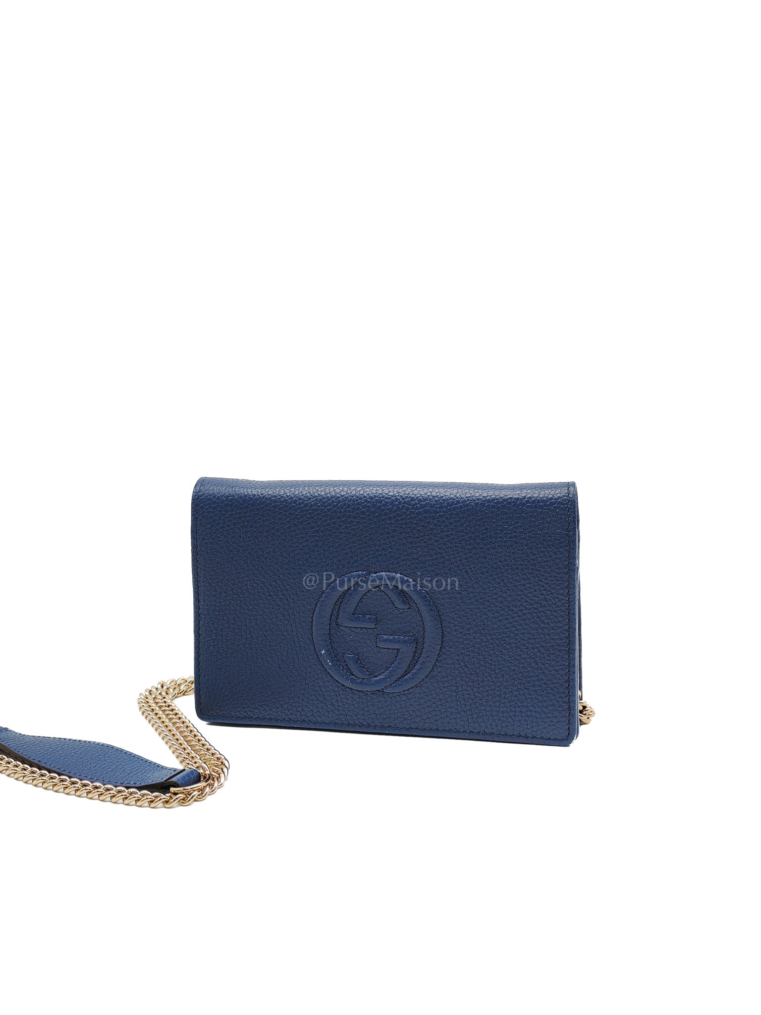 Soho Wallet on Chain in Blue Grained Leather Light Gold Hardware | Purse Maison Luxury Bags Shop