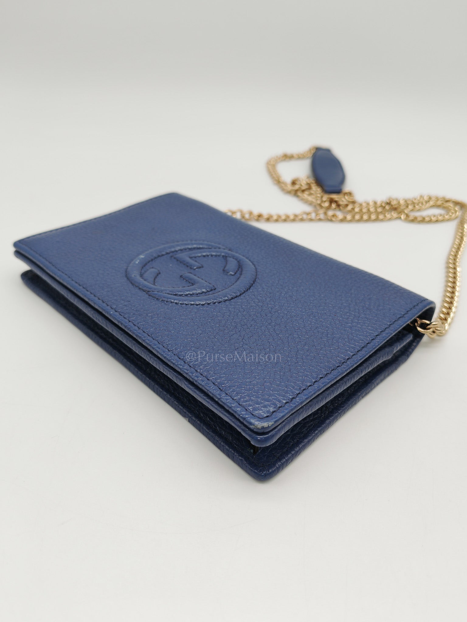 Soho Wallet on Chain in Blue Grained Leather Light Gold Hardware | Purse Maison Luxury Bags Shop