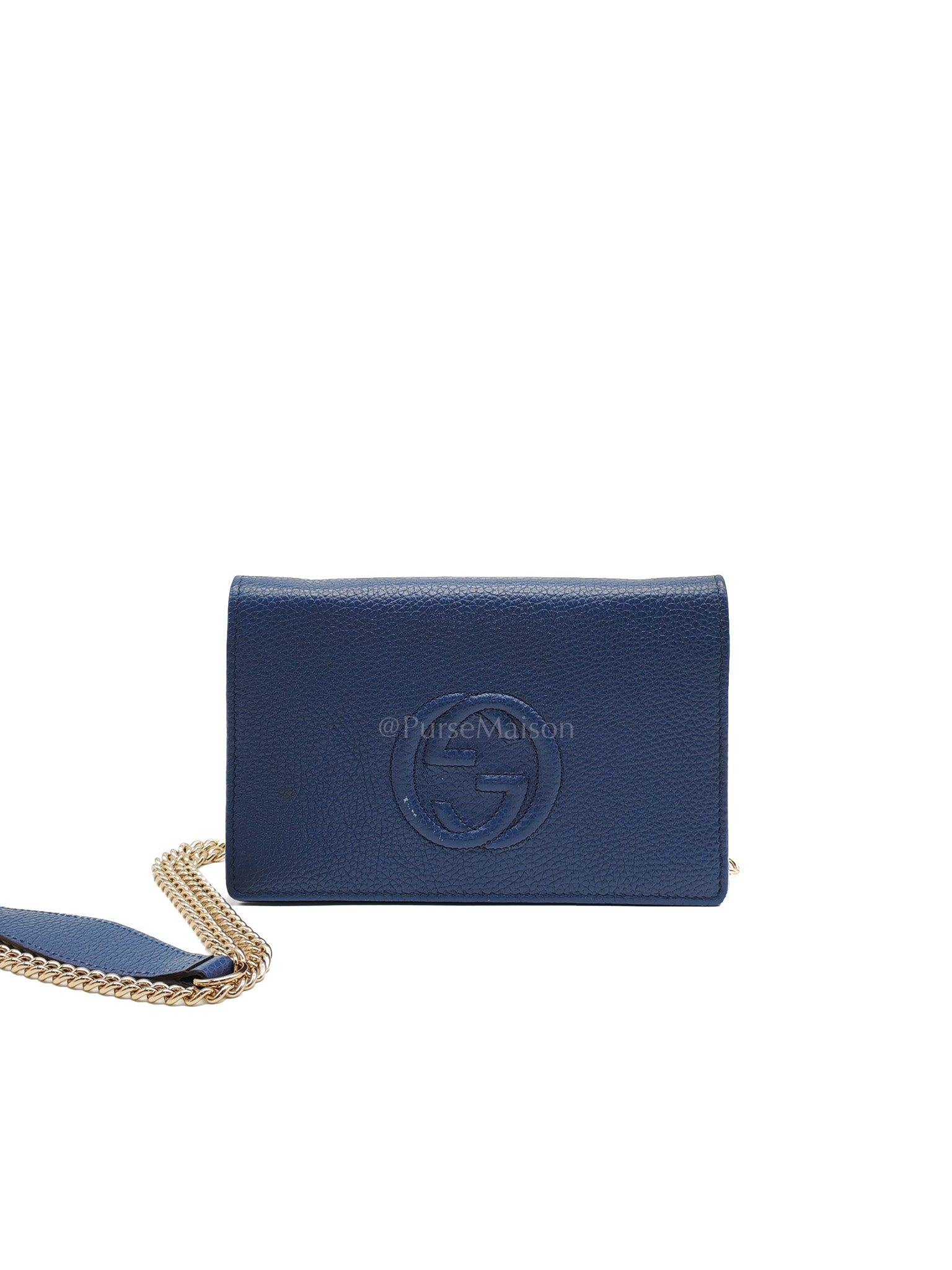 Soho Wallet on Chain in Blue Grained Leather Light Gold Hardware | Purse Maison Luxury Bags Shop
