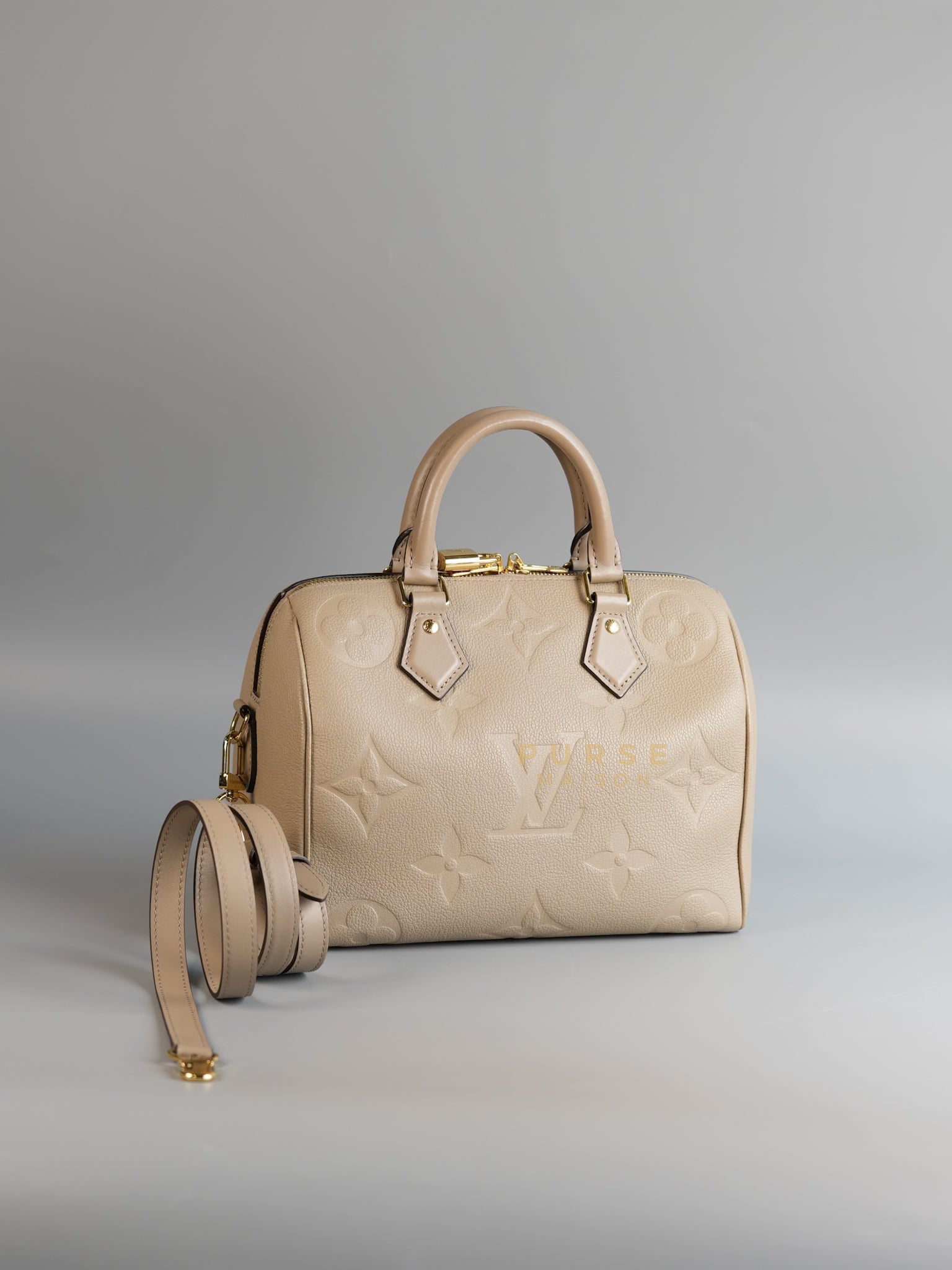 Speedy 20 Bandouliere in Tourterelle Beige Monogram Empreinte Leather (Microchip) | Purse Maison Luxury Bags Shop