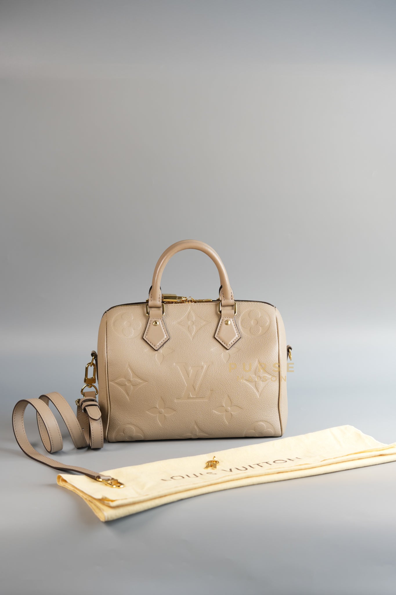 Speedy 20 Bandouliere in Tourterelle Beige Monogram Empreinte Leather (Microchip) | Purse Maison Luxury Bags Shop