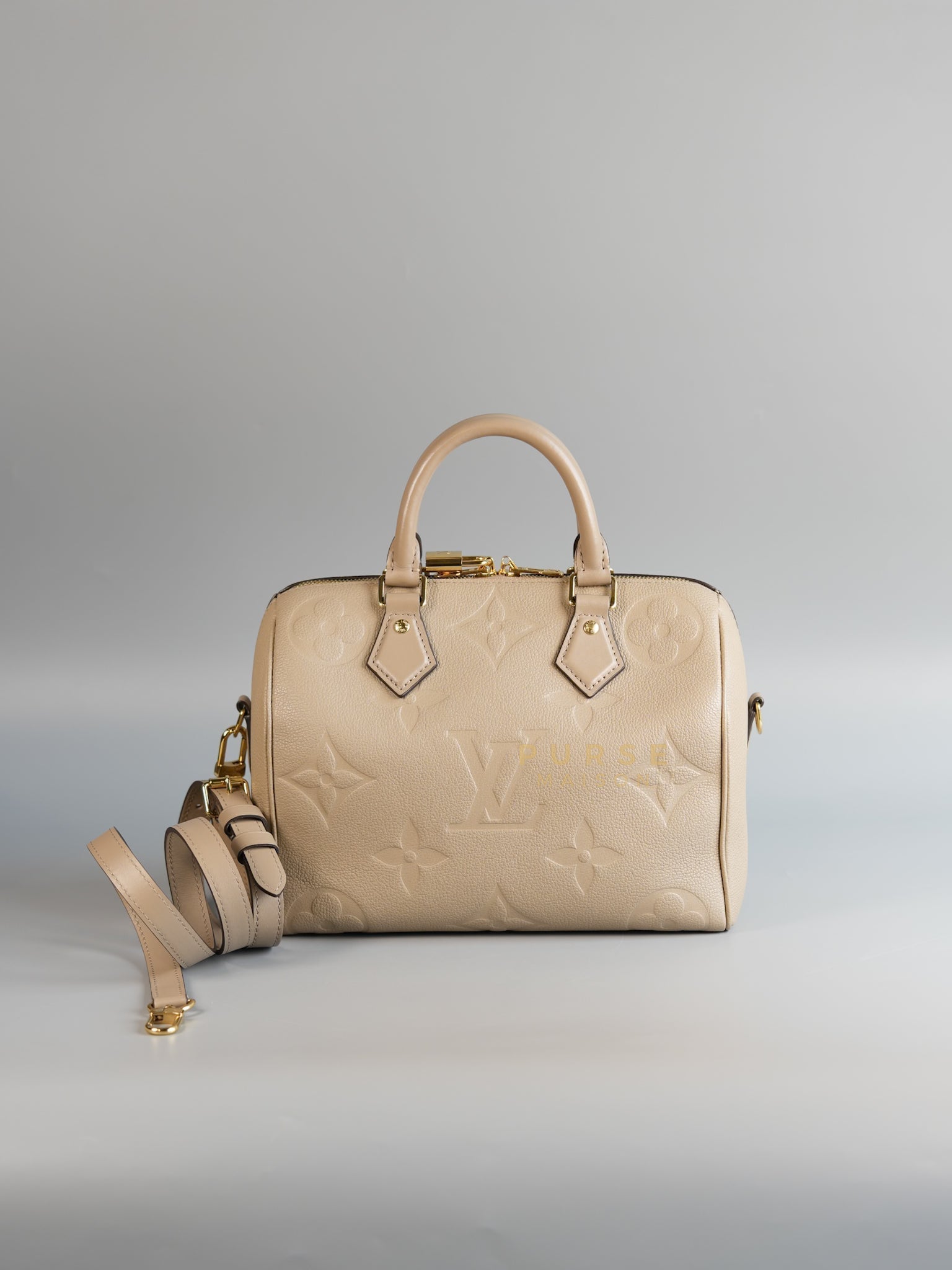 Speedy 20 Bandouliere in Tourterelle Beige Monogram Empreinte Leather (Microchip) | Purse Maison Luxury Bags Shop