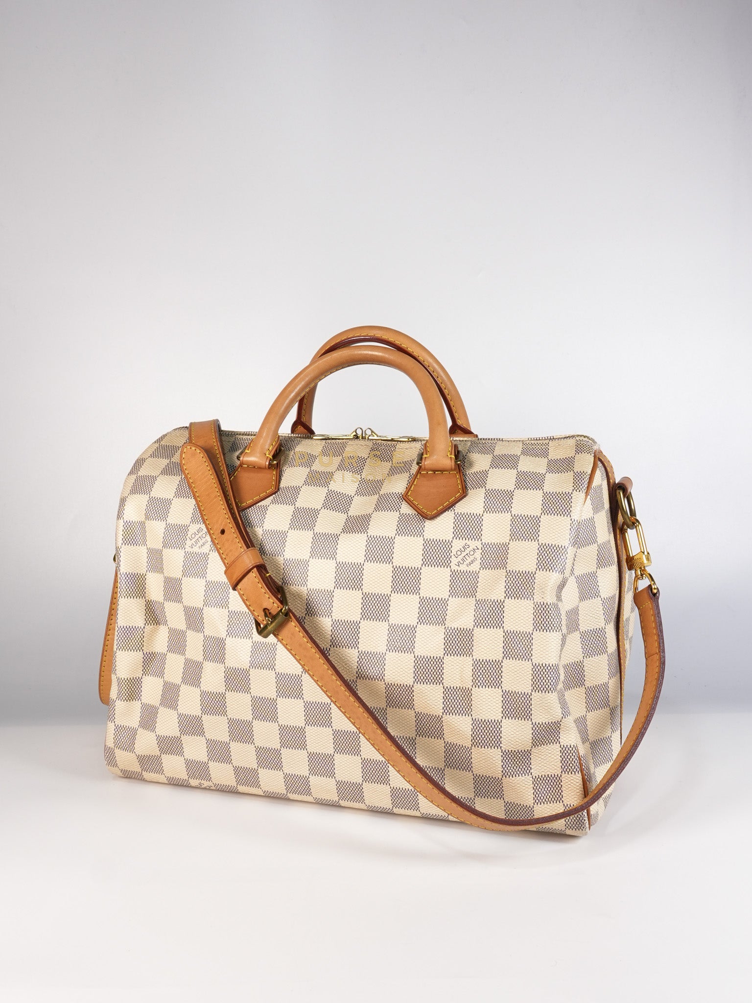 Speedy 30 Bandouliere in Damier Azur Canvas & Gold Hardware (Date Code: DU4103) | Purse Maison Luxury Bags Shop