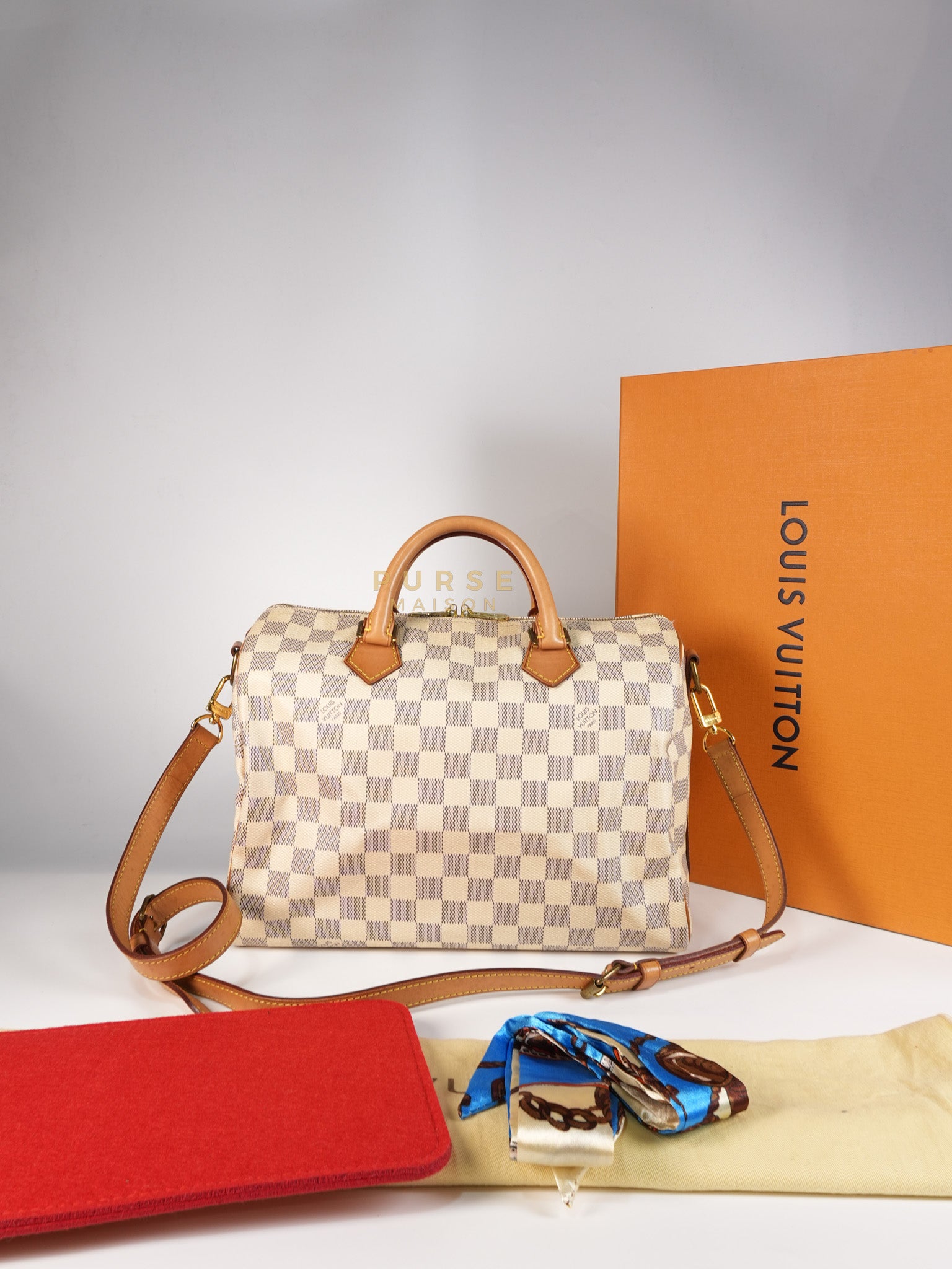 Speedy 30 Bandouliere in Damier Azur Canvas & Gold Hardware (Date Code: DU4103) | Purse Maison Luxury Bags Shop