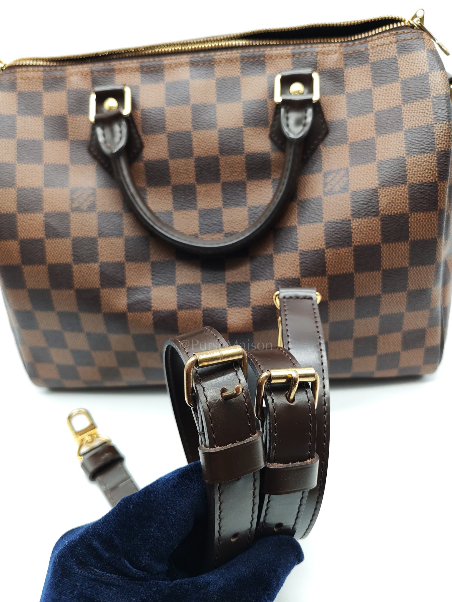 Speedy 30 Bandoullier in Damier Ebene Canvas & Gold Hardware (Datecode: CT0134) | Purse Maison Luxury Bags Shop