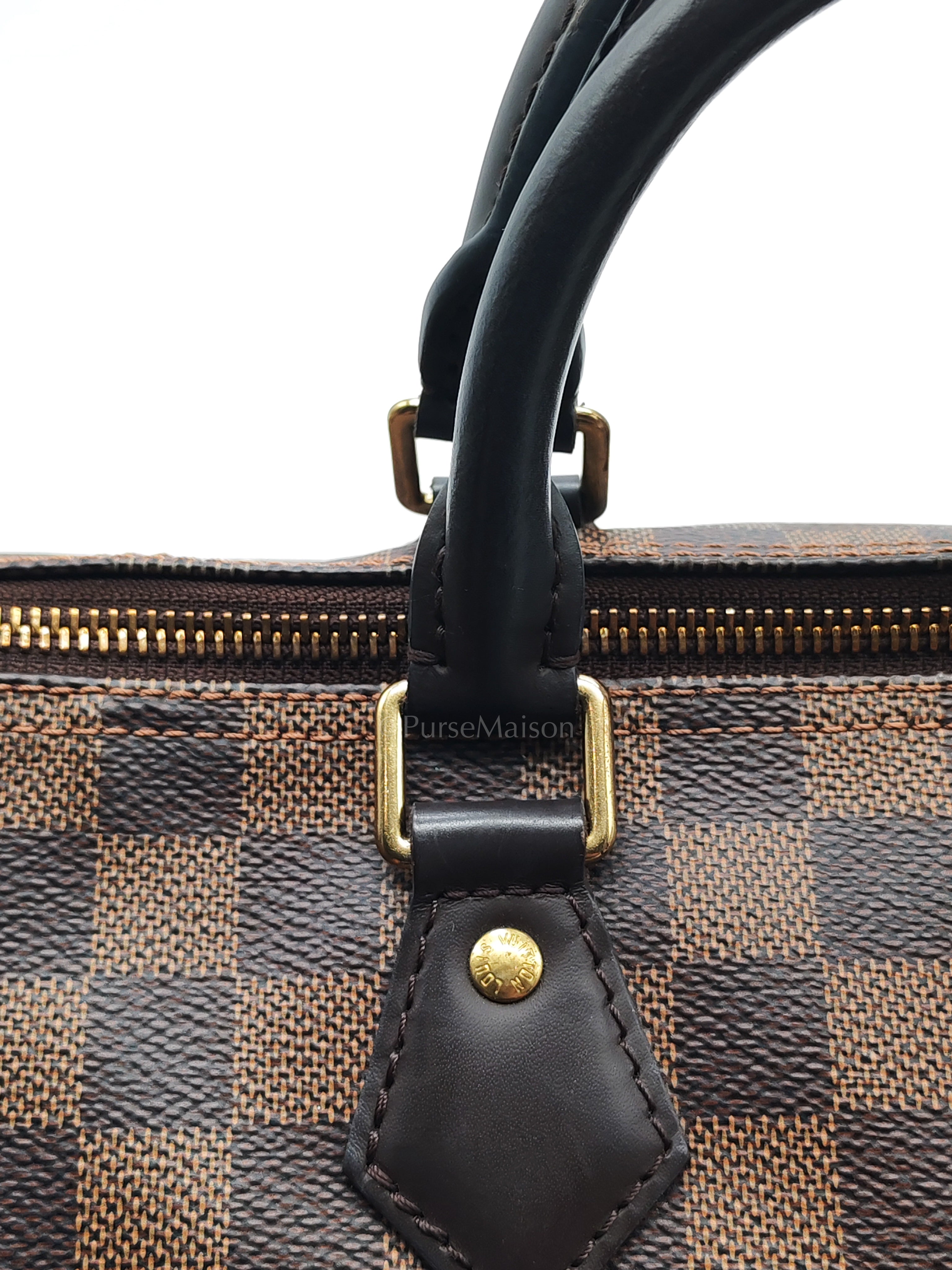 Speedy 30 in Damier Ebene Canvas & Gold Hardware Microchip | Purse Maison Luxury Bags Shop