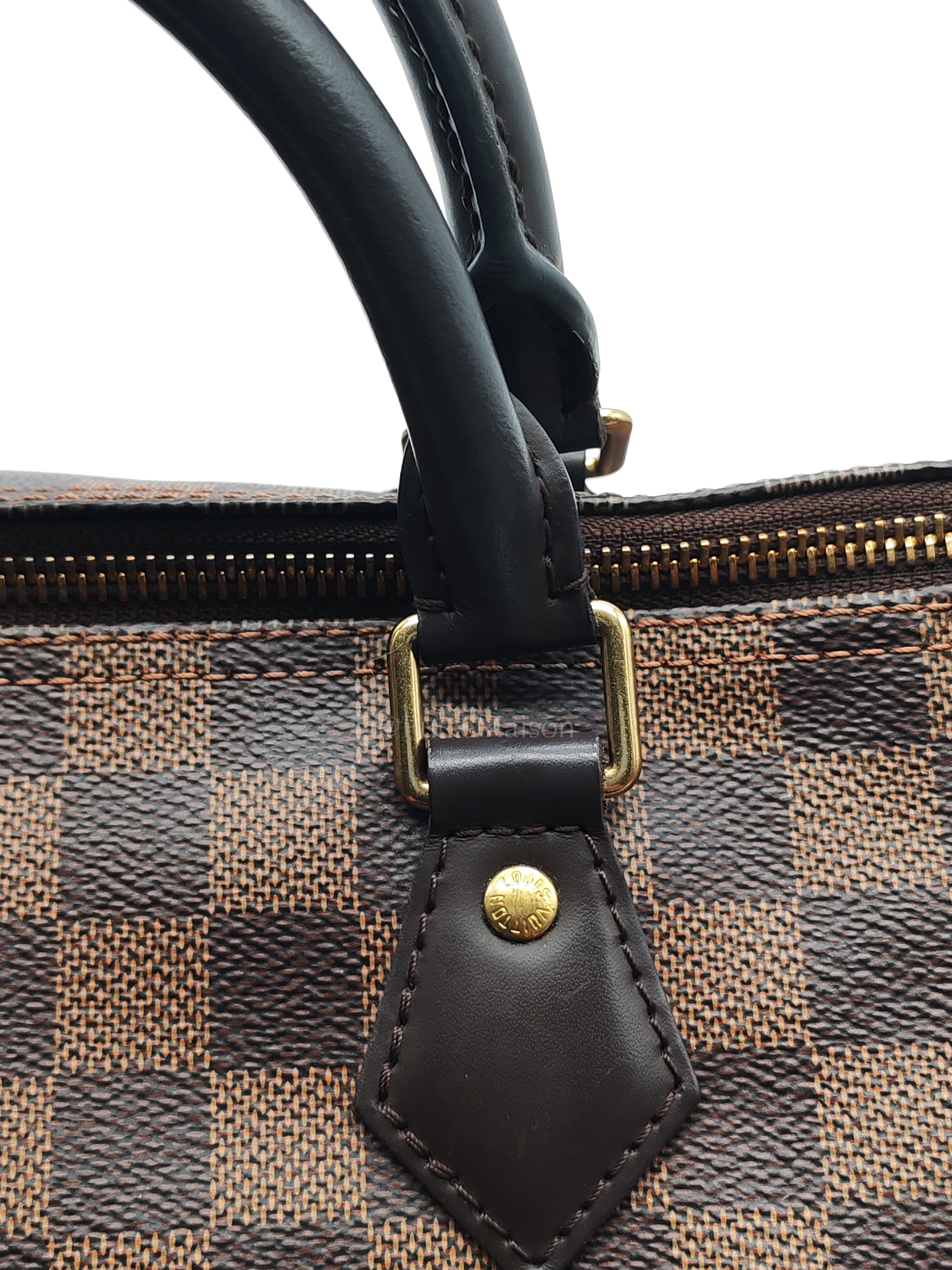 Speedy 30 in Damier Ebene Canvas & Gold Hardware Microchip | Purse Maison Luxury Bags Shop