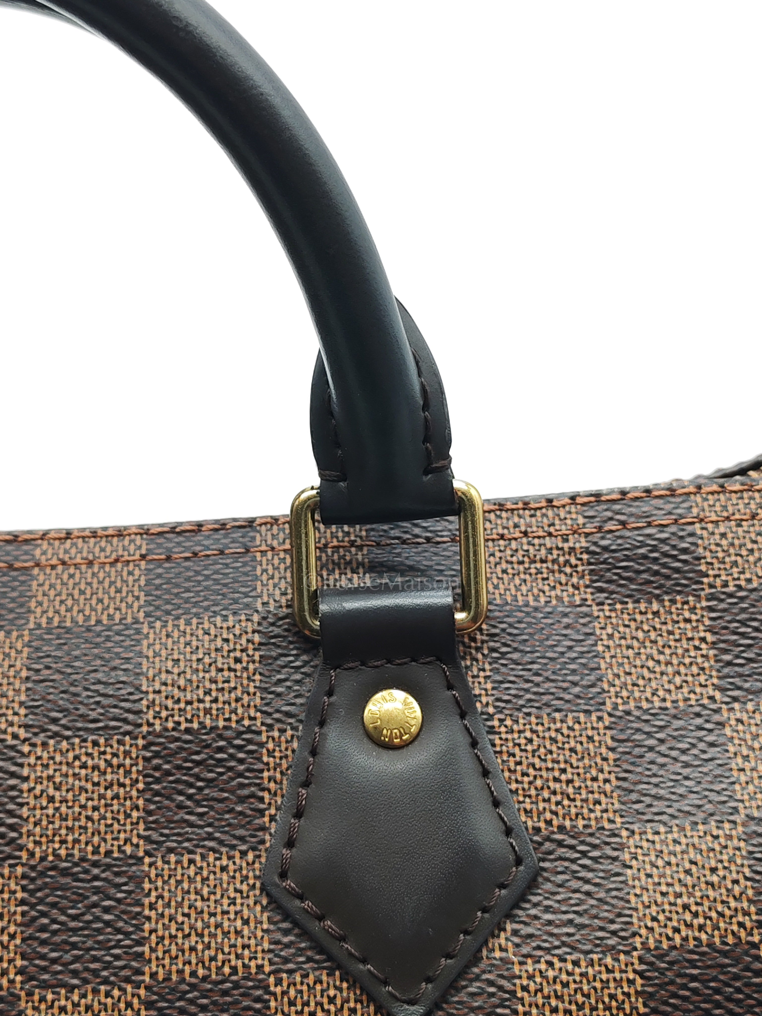 Speedy 30 in Damier Ebene Canvas & Gold Hardware Microchip | Purse Maison Luxury Bags Shop