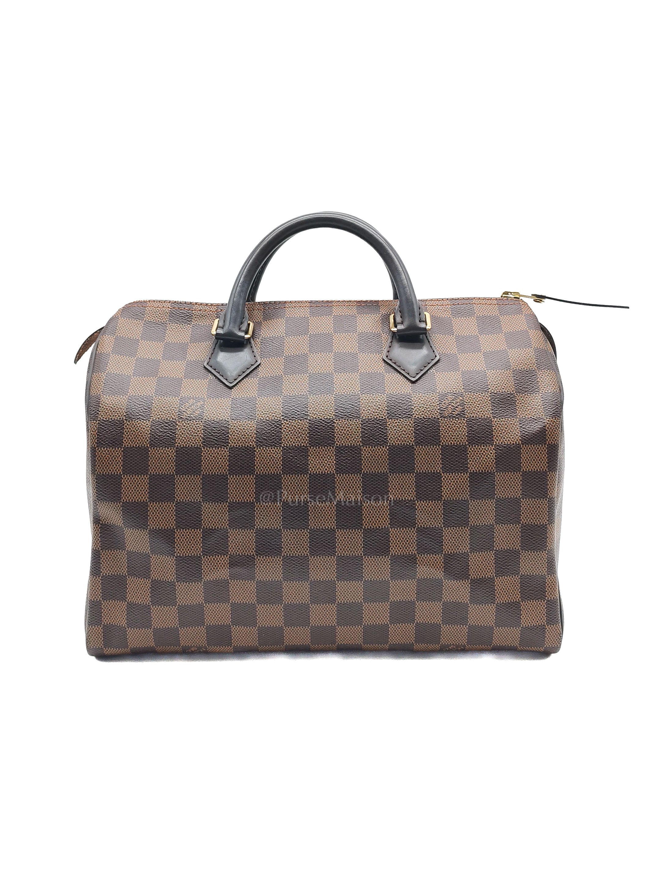 Speedy 30 in Damier Ebene Canvas & Gold Hardware Microchip | Purse Maison Luxury Bags Shop