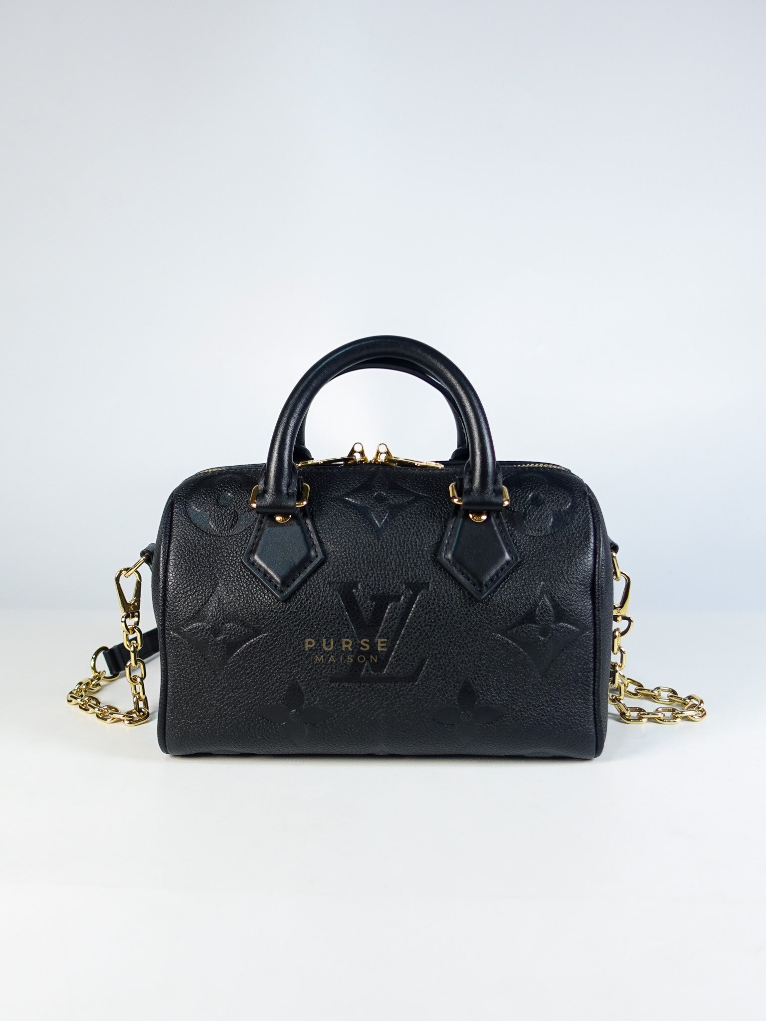 Speedy Bandouliere 20 in Noir Monogram Empreinte Leather & Gold Hardware Microchip | Purse Maison Luxury Bags Shop