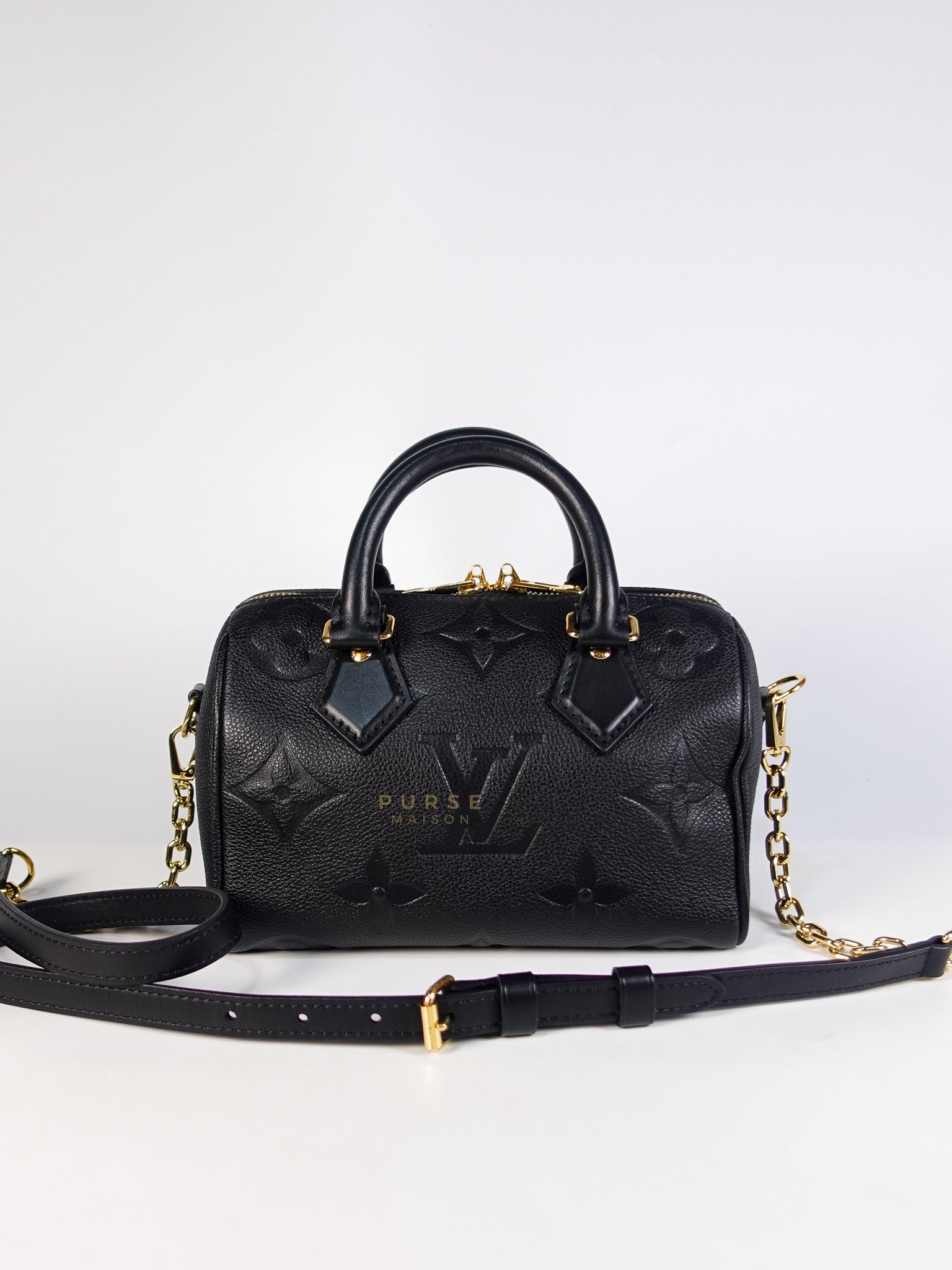 Speedy Bandouliere 20 in Noir Monogram Empreinte Leather & Gold Hardware Microchip | Purse Maison Luxury Bags Shop