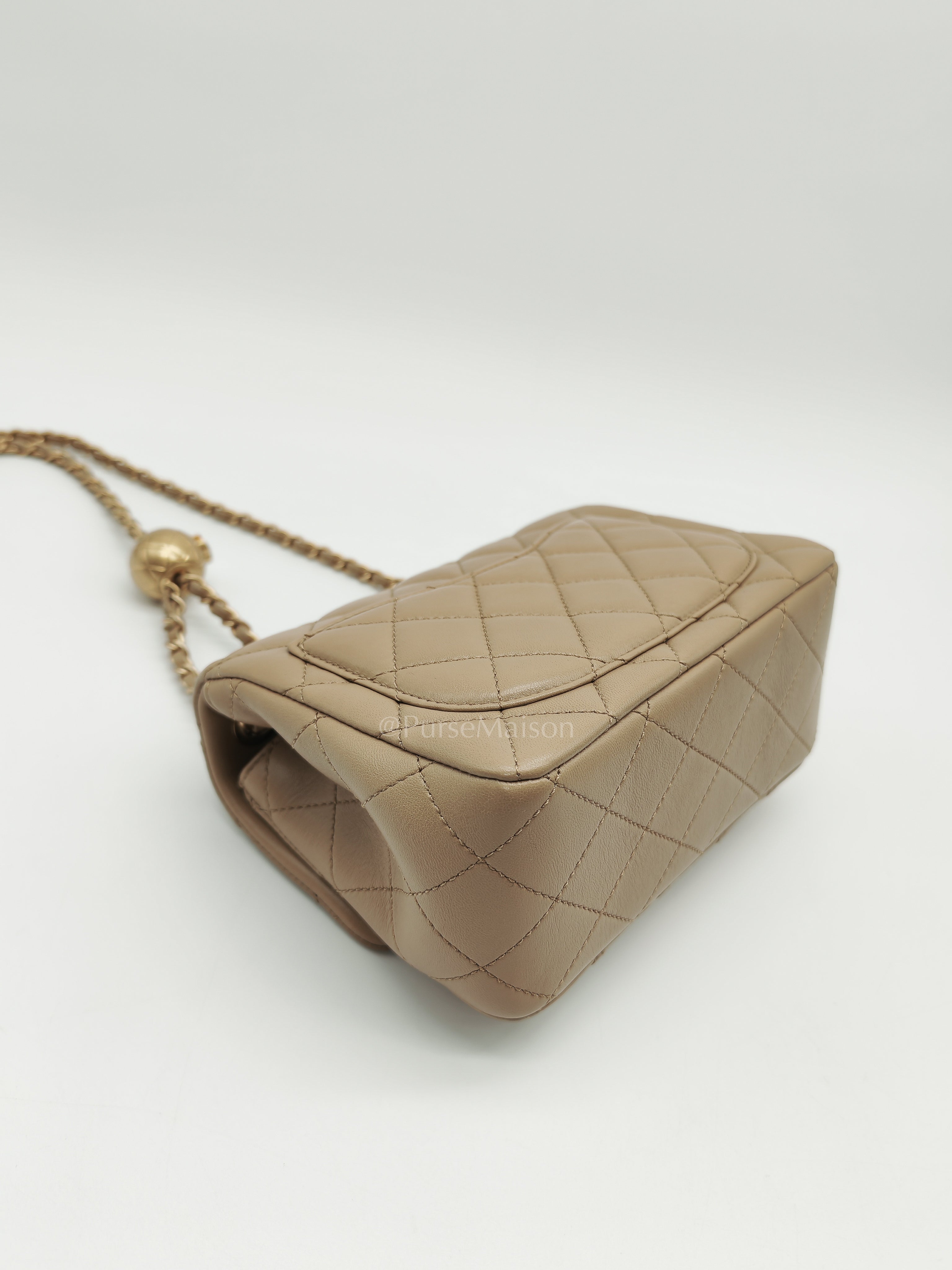 Square Mini Pearl Crush in Beige Lambskin Leather and Aged Gold Hardware (Microchip) | Purse Maison Luxury Bags Shop