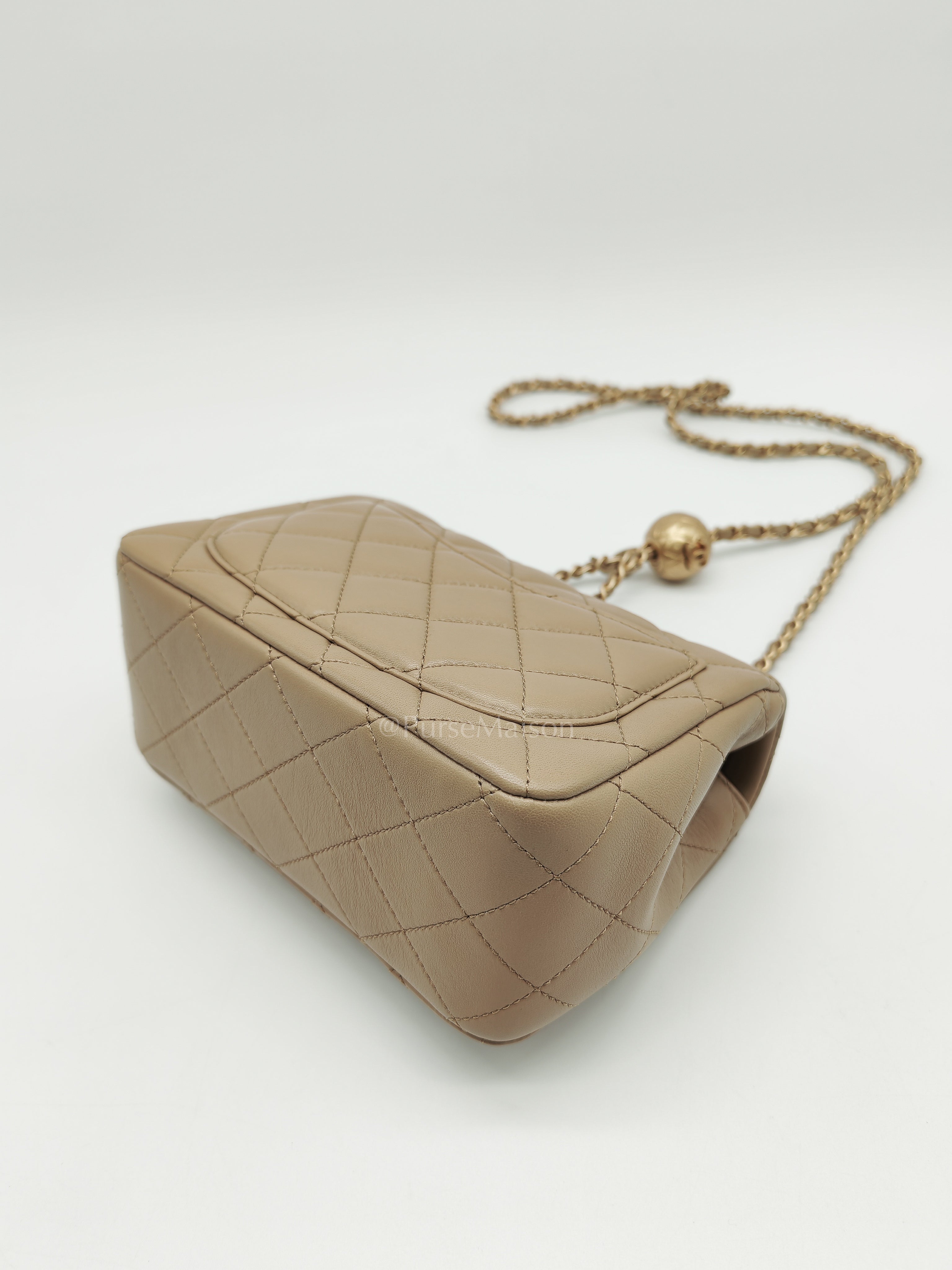 Square Mini Pearl Crush in Beige Lambskin Leather and Aged Gold Hardware (Microchip) | Purse Maison Luxury Bags Shop