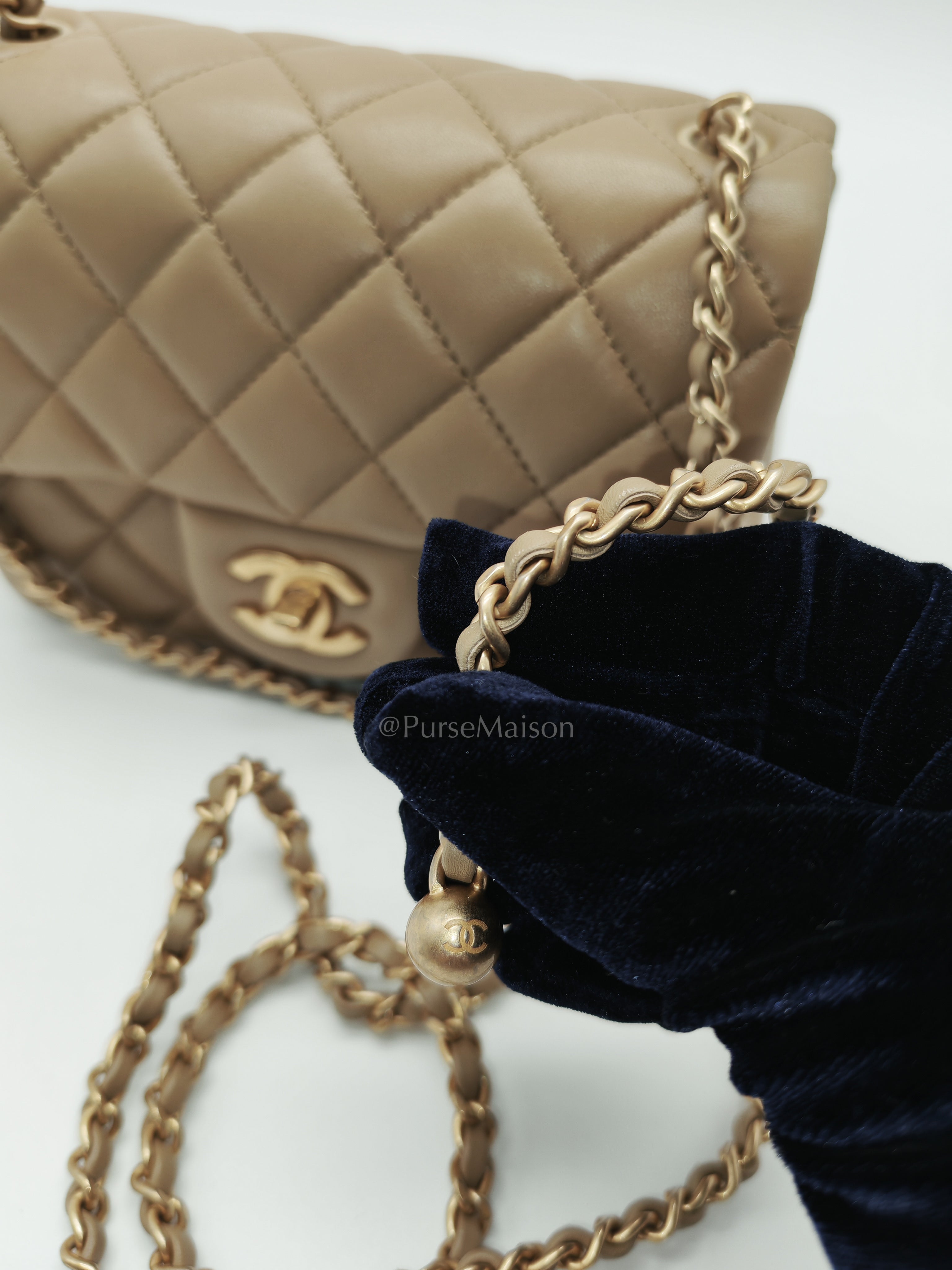 Square Mini Pearl Crush in Beige Lambskin Leather and Aged Gold Hardware (Microchip) | Purse Maison Luxury Bags Shop